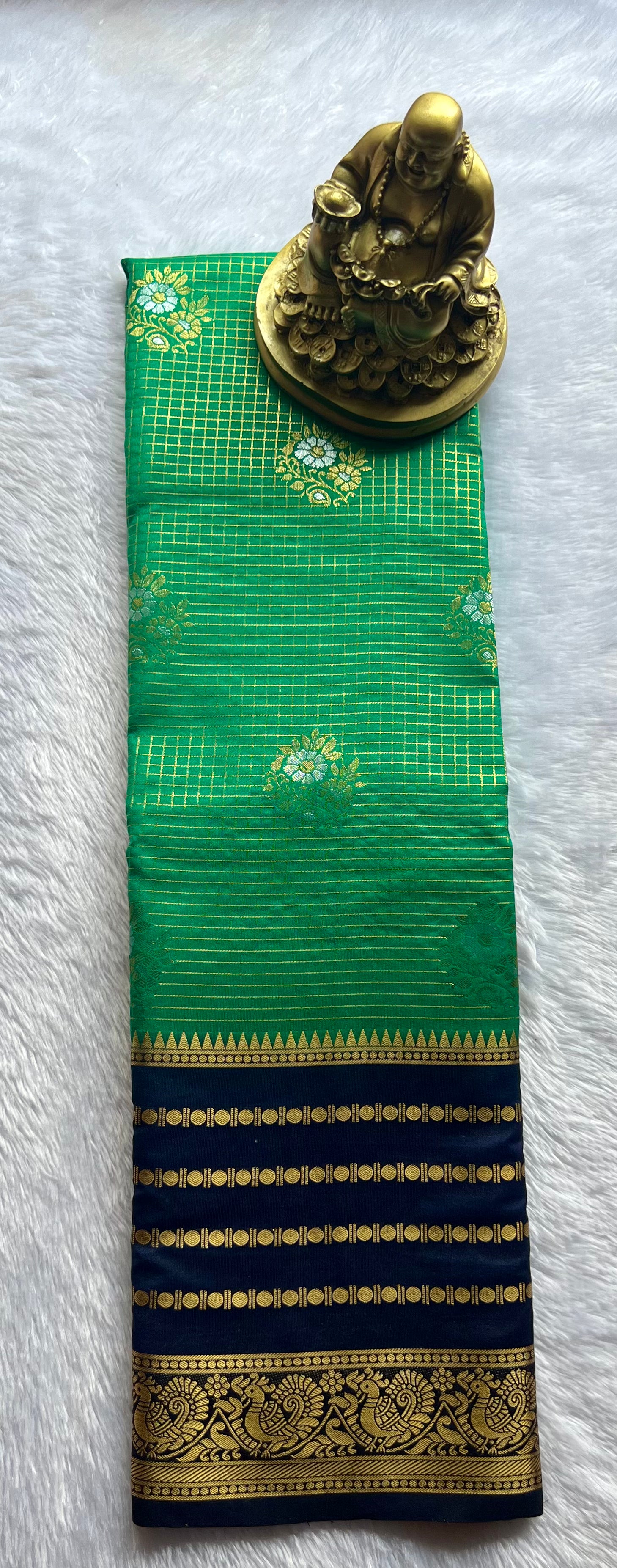 Semi Mysore Silk Small Checks body Rudrakshi Peacock Border