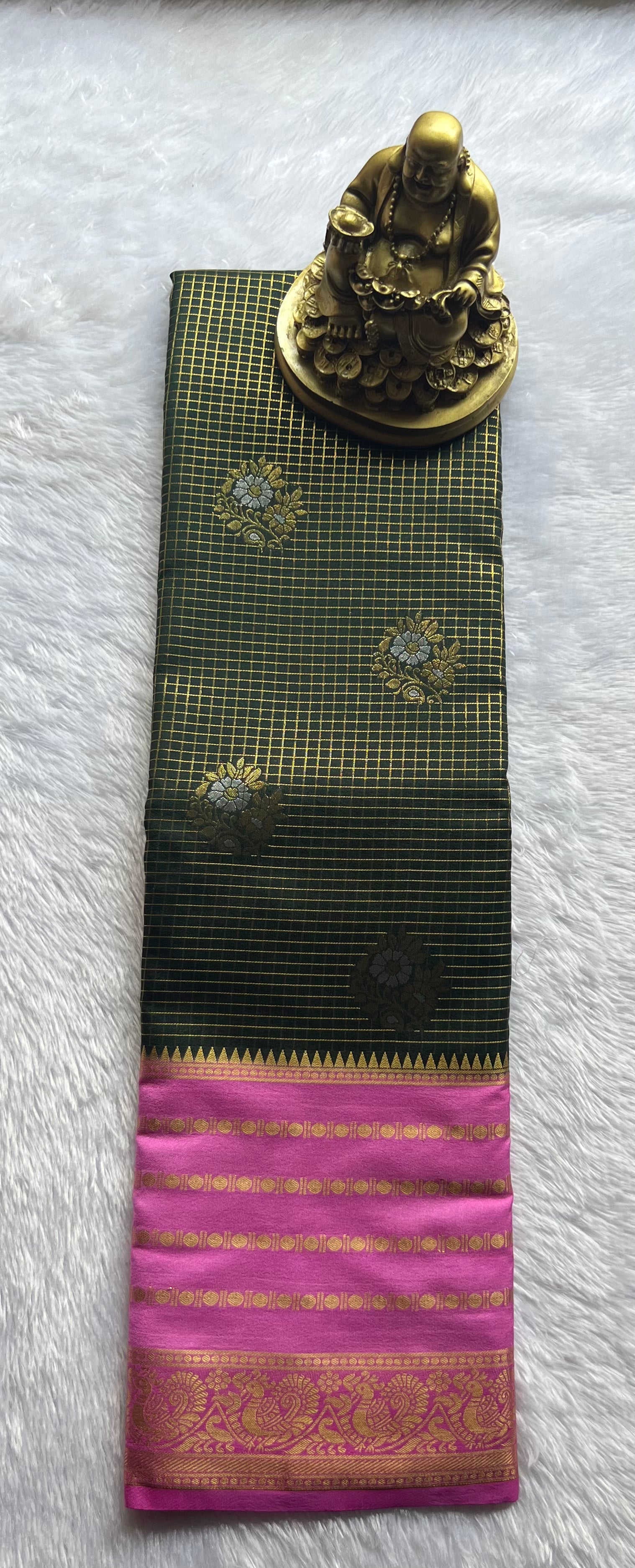 Semi Mysore Silk Small Checks body Rudrakshi Peacock Border
