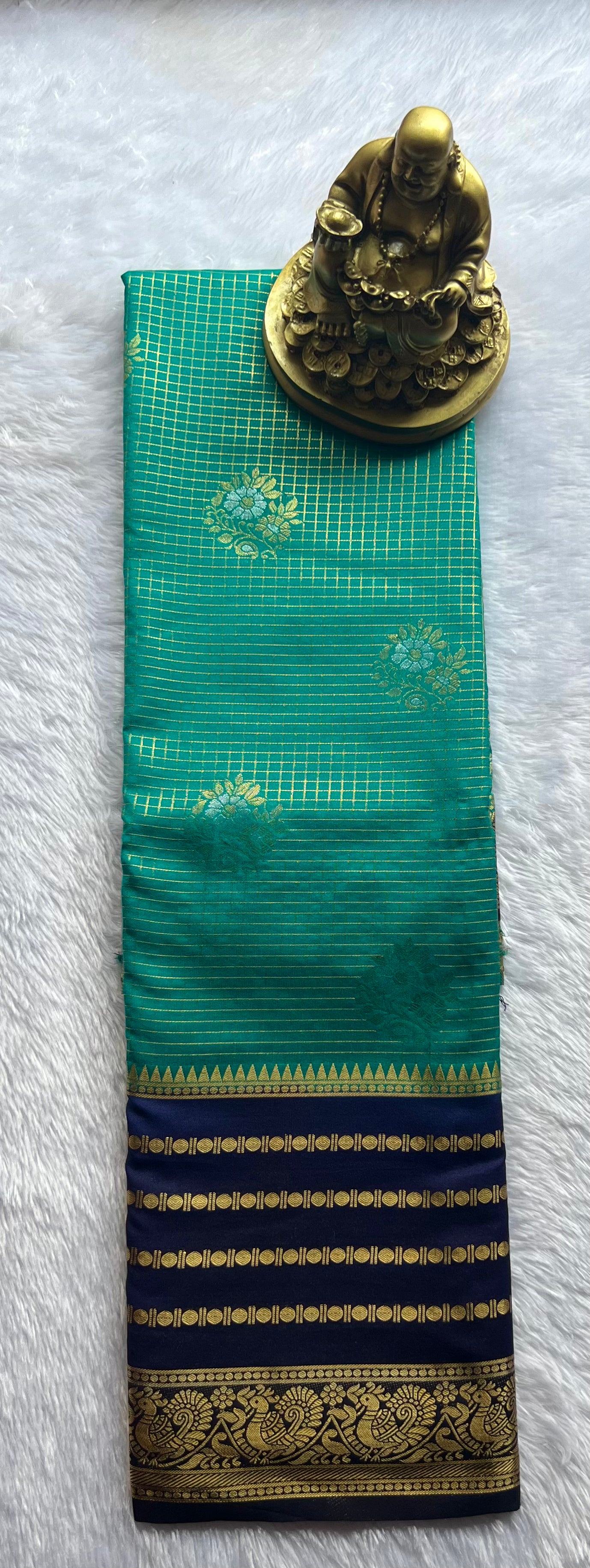 Semi Mysore Silk Small Checks body Rudrakshi Peacock Border