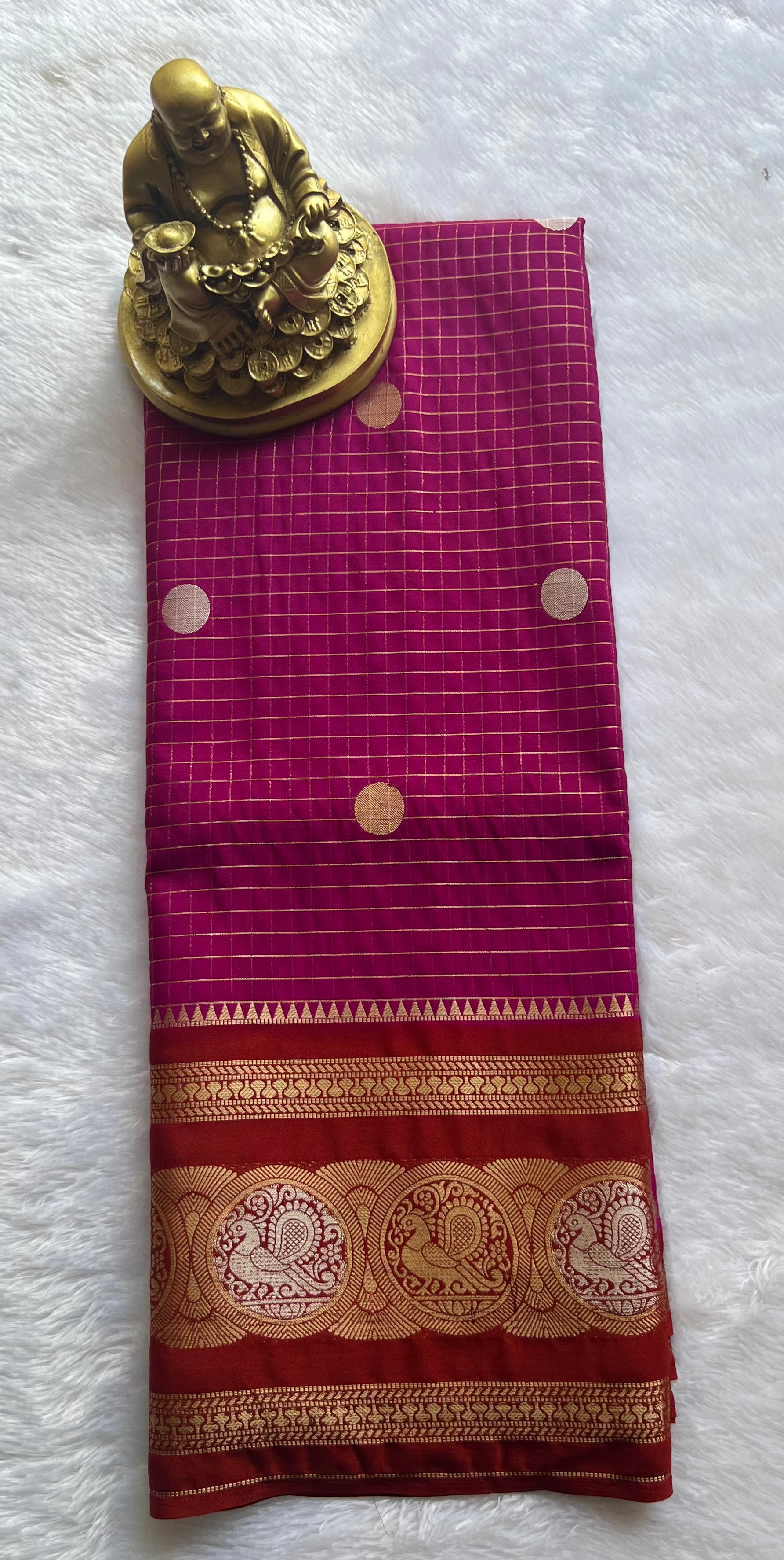Semi Mysore Silk Small Checks body Peacock circle  Border, Washable