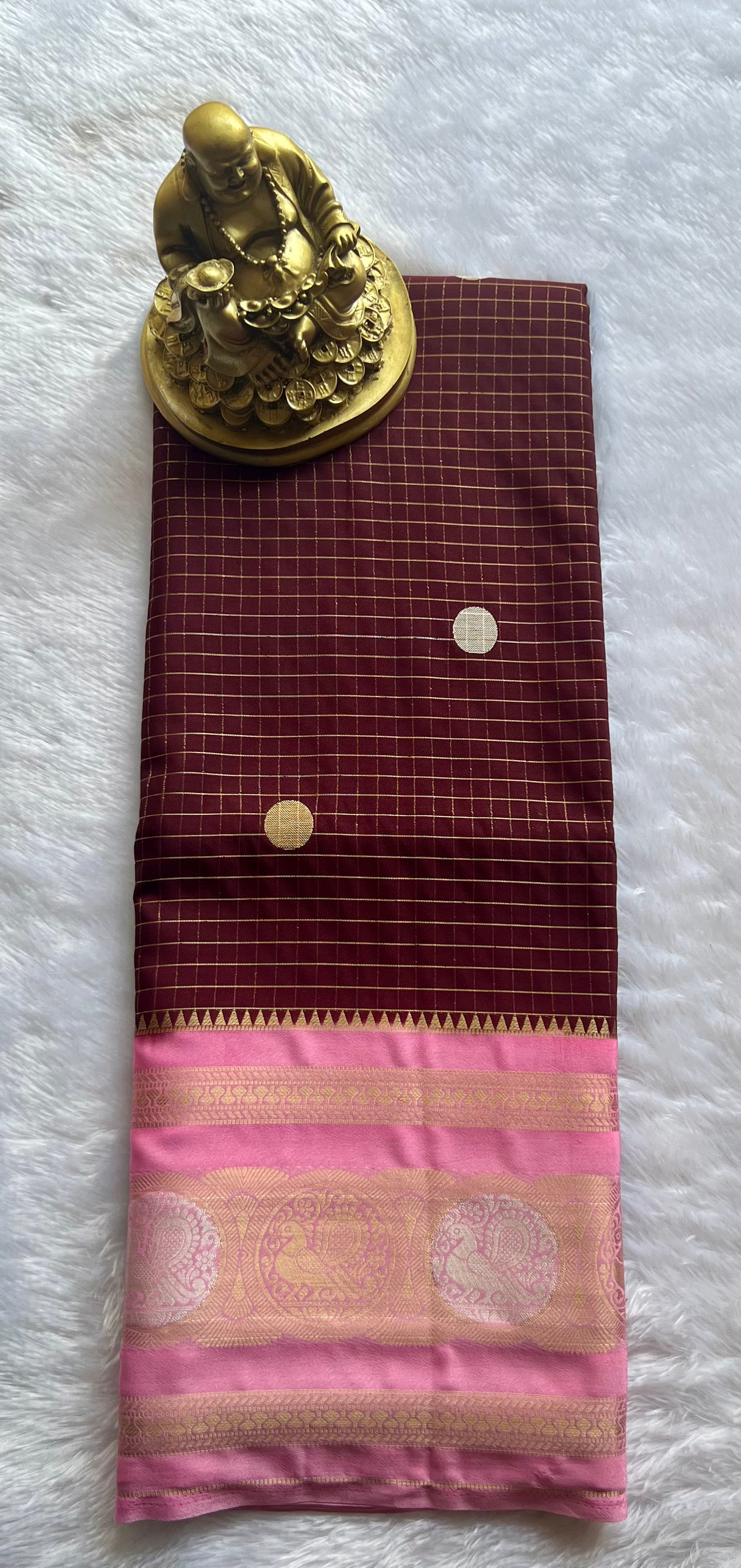 Semi Mysore Silk Small Checks body Peacock circle  Border, Washable