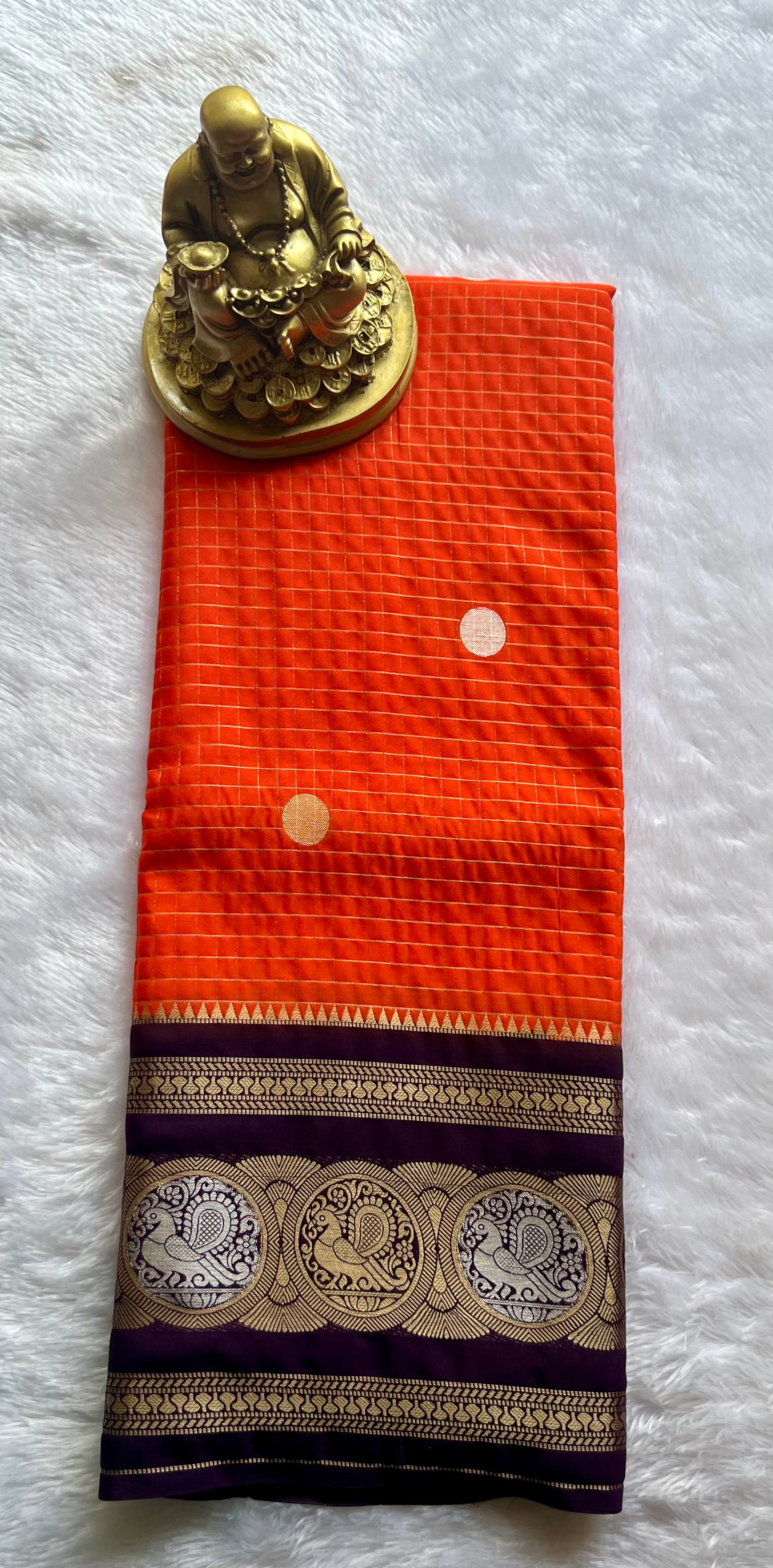 Semi Mysore Silk Small Checks body Peacock circle  Border, Washable