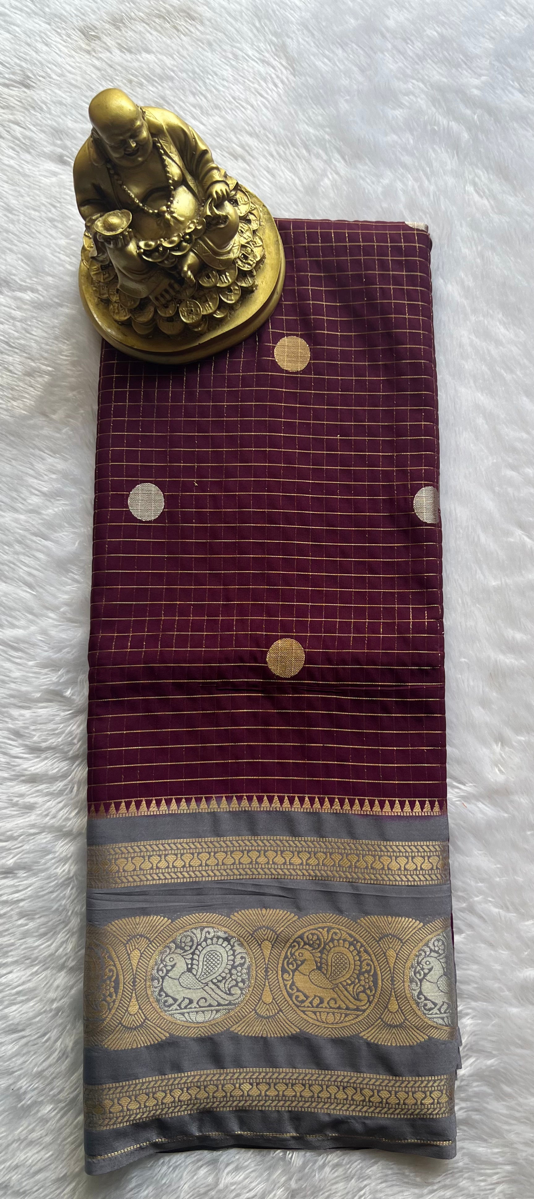 Semi Mysore Silk Small Checks body Peacock circle  Border, Washable