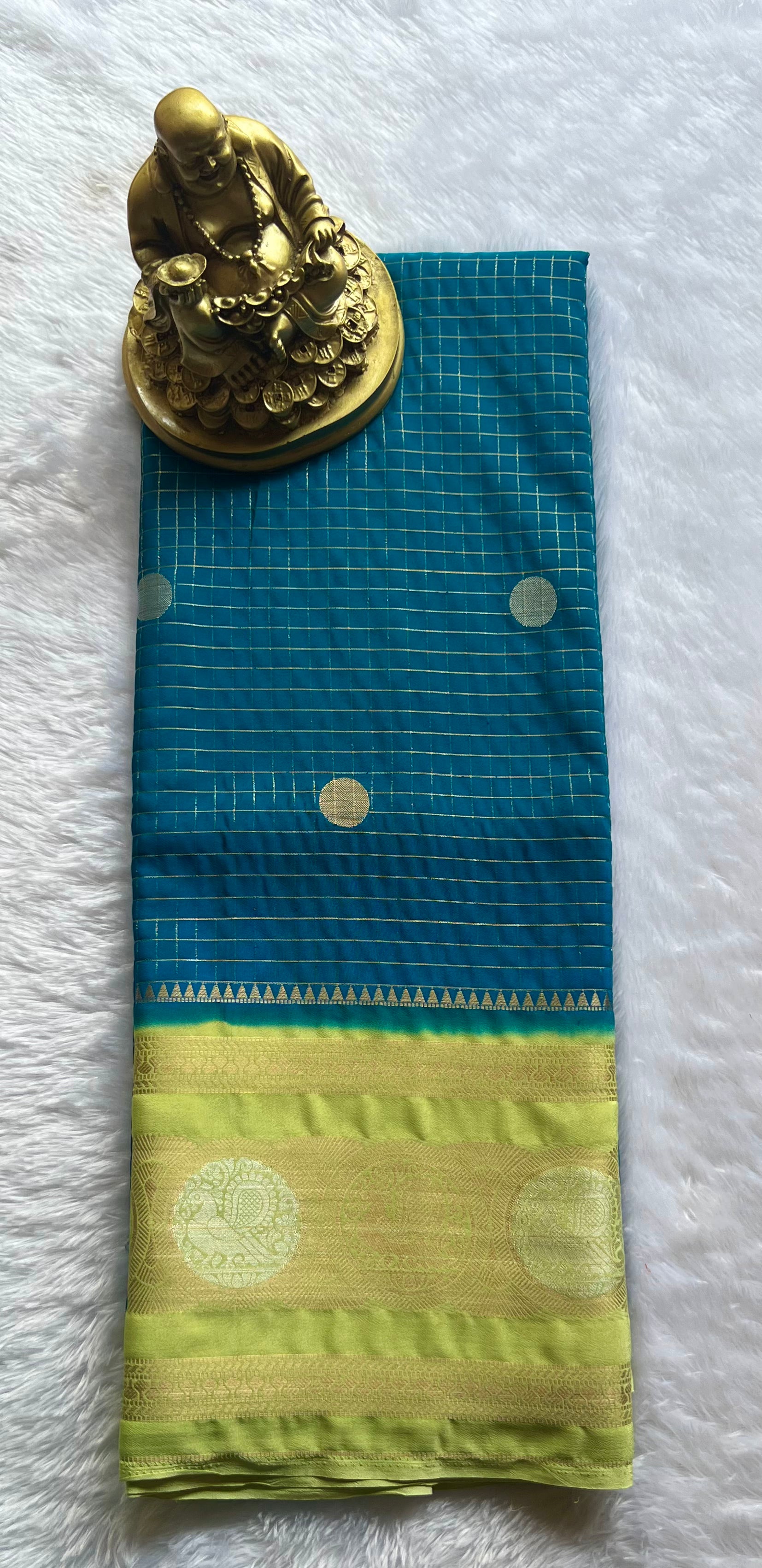 Semi Mysore Silk Small Checks body Peacock circle  Border, Washable