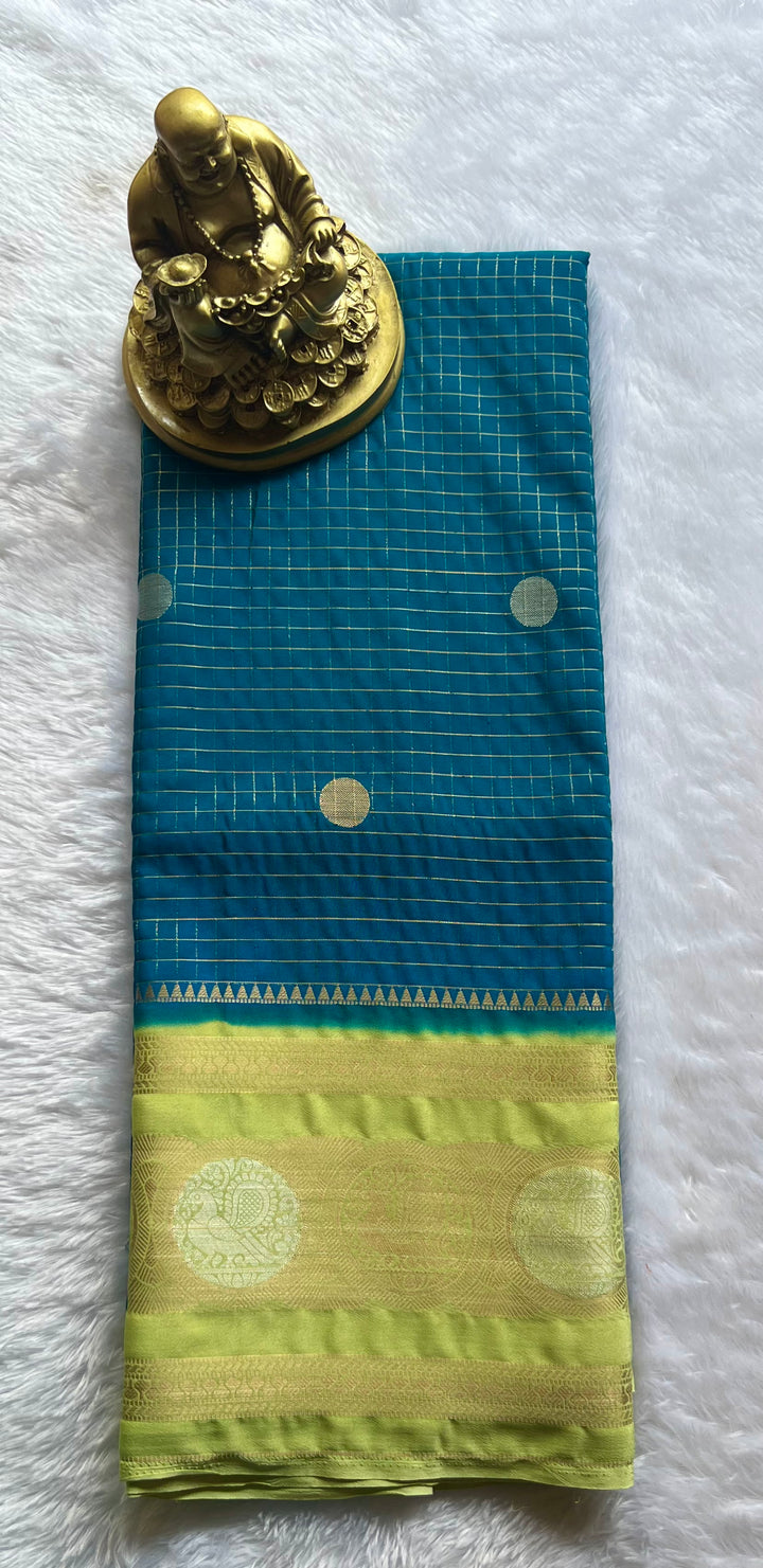 Semi Mysore Silk Small Checks body Peacock circle  Border, Washable