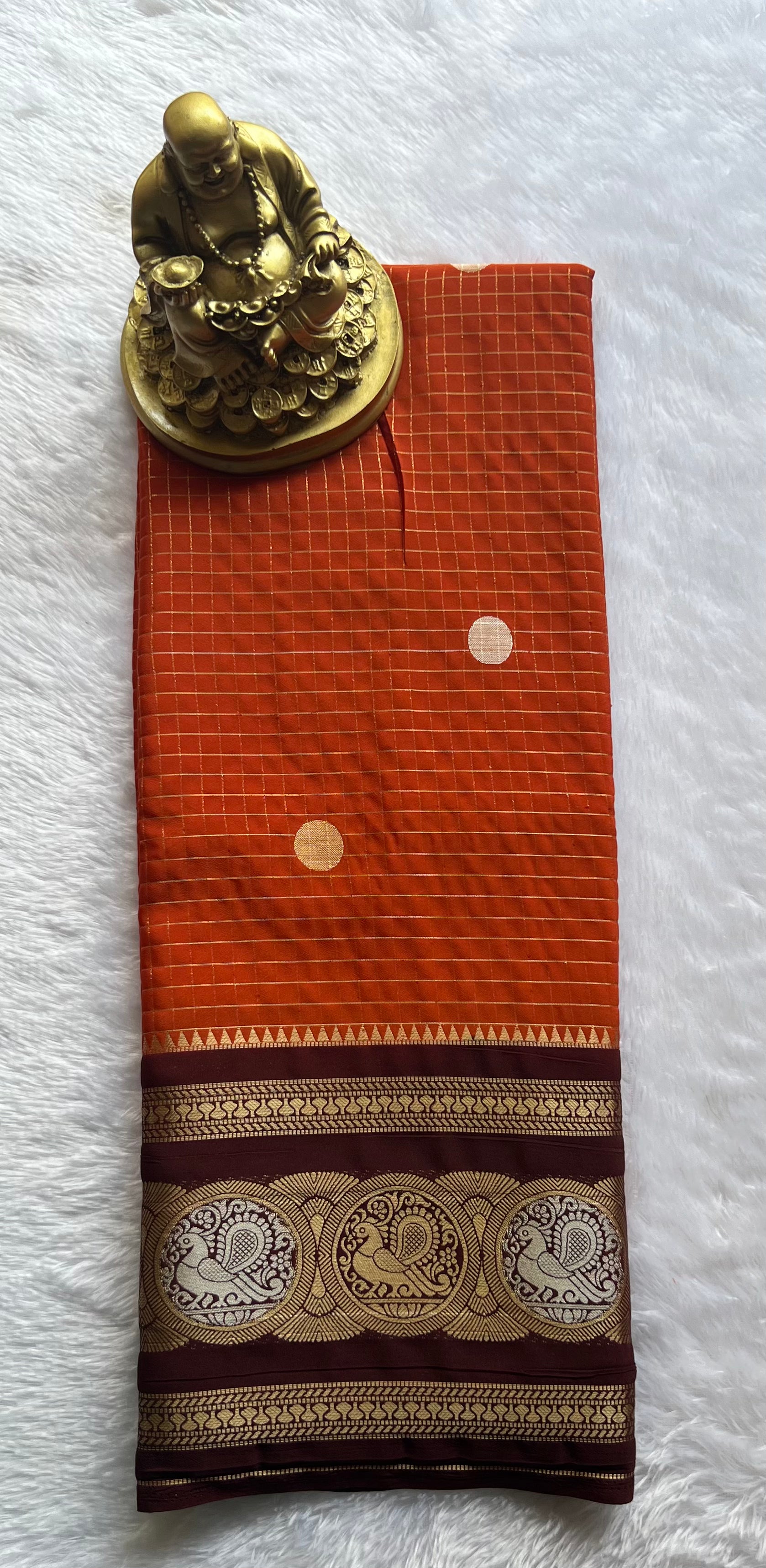 Semi Mysore Silk Small Checks body Peacock circle  Border, Washable