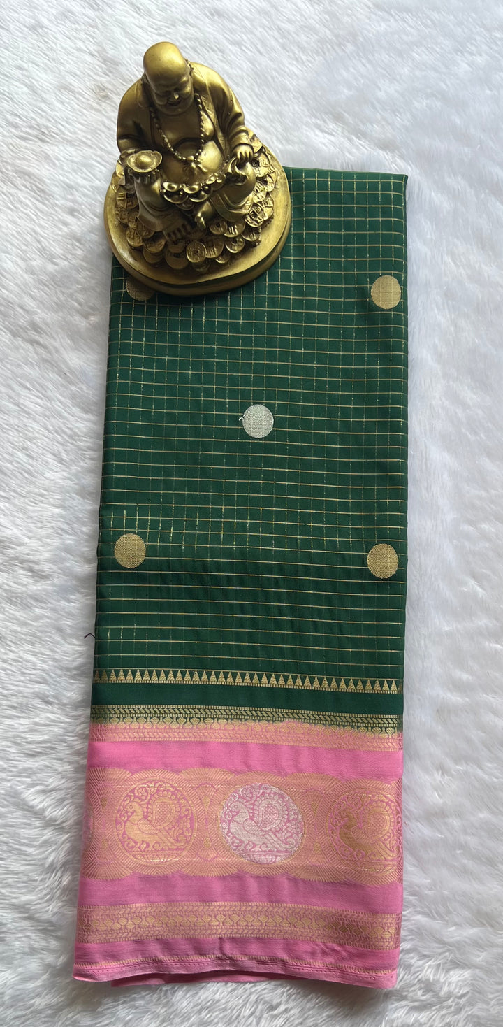 Semi Mysore Silk Small Checks body Peacock circle  Border, Washable