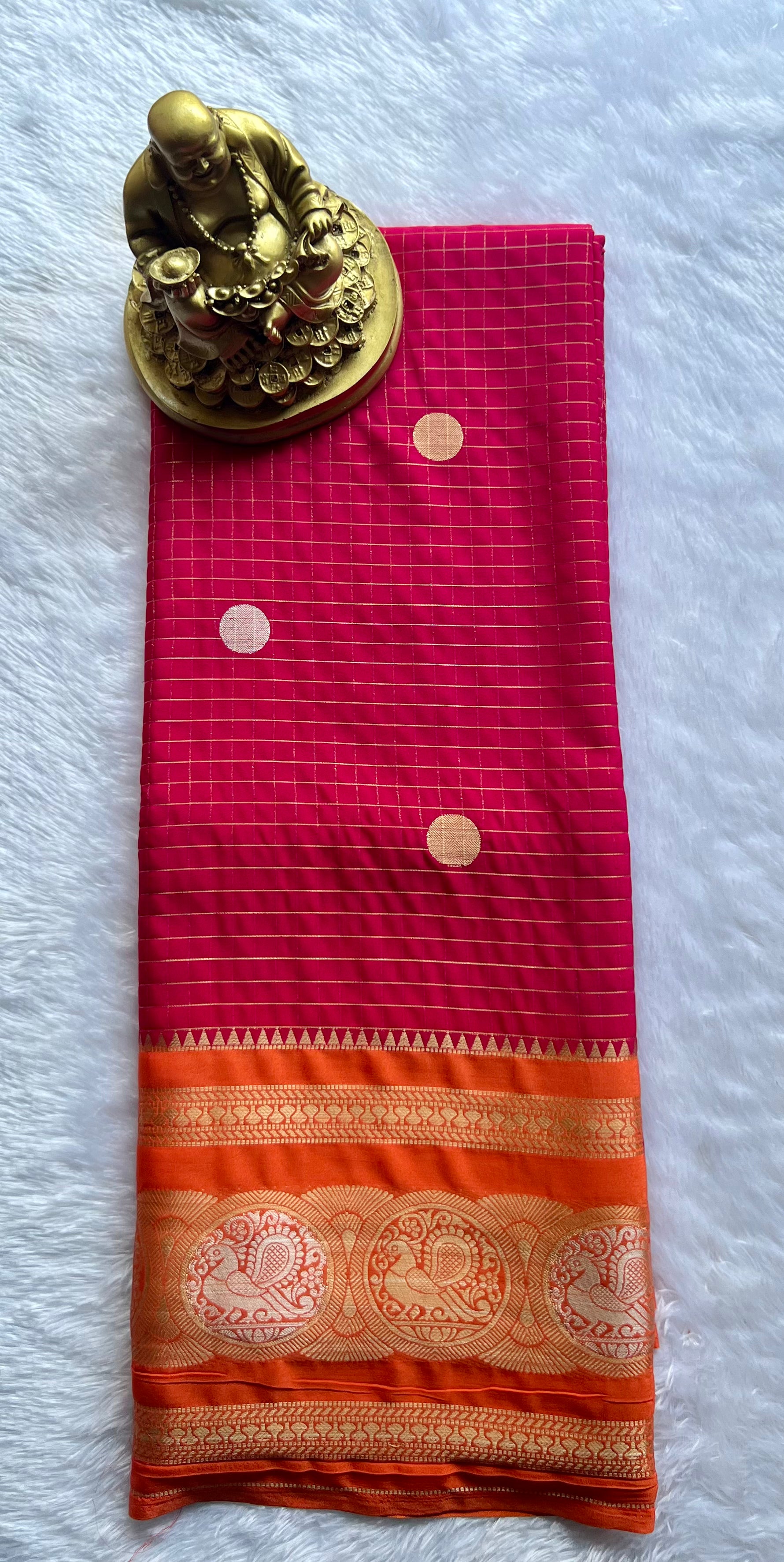 Semi Mysore Silk Small Checks body Peacock circle  Border, Washable