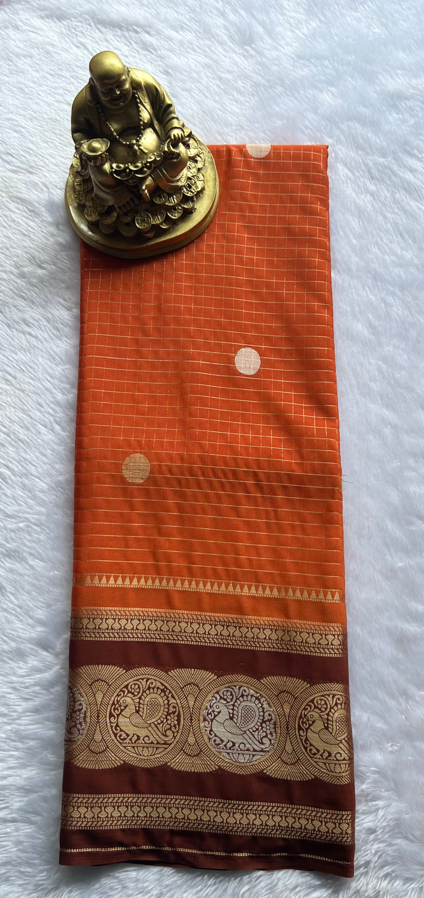 Semi Mysore Silk Small Checks body Peacock circle  Border, Washable