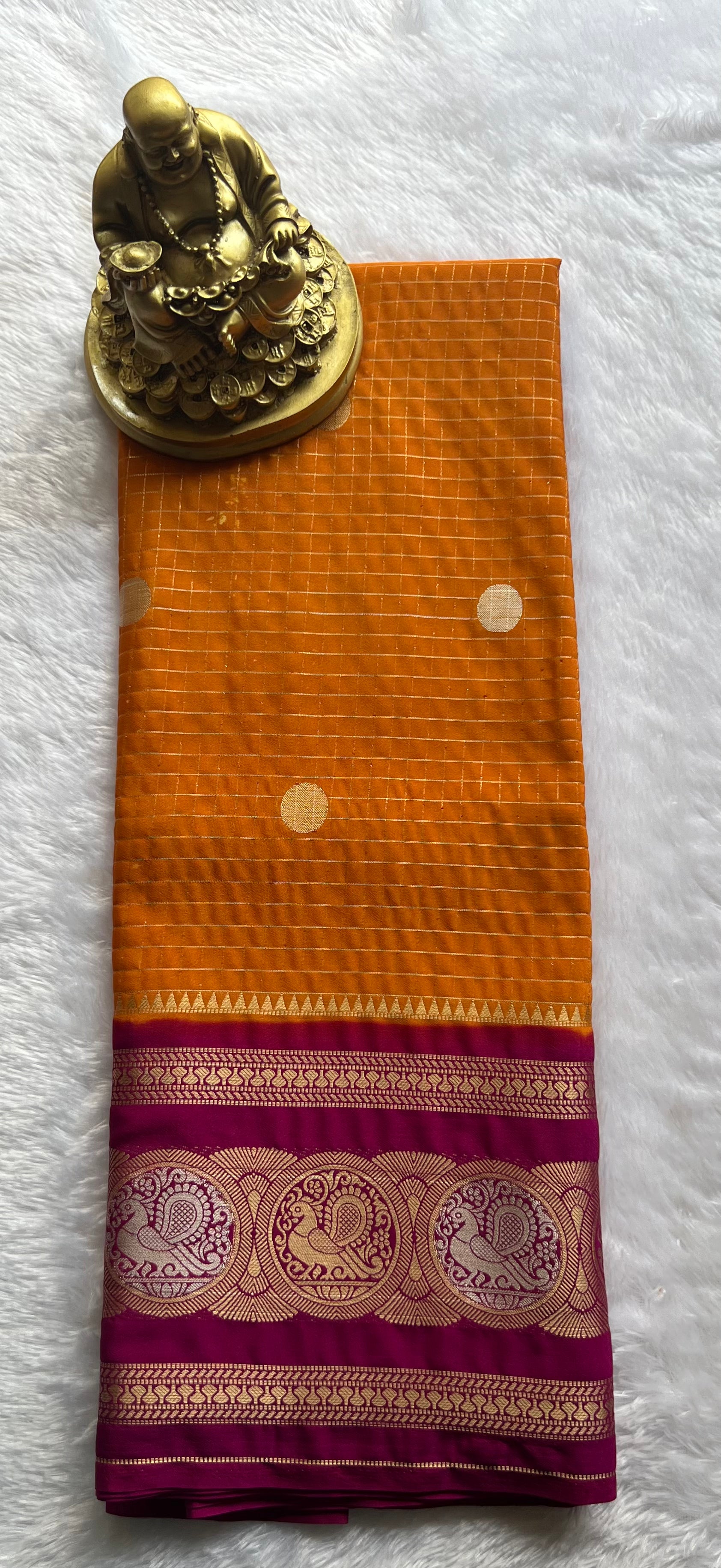Semi Mysore Silk Small Checks body Peacock circle  Border, Washable