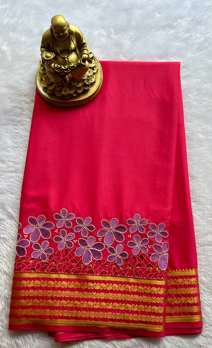 Semi Mysore Silk Mango Floral  Border Embroidery and cut work