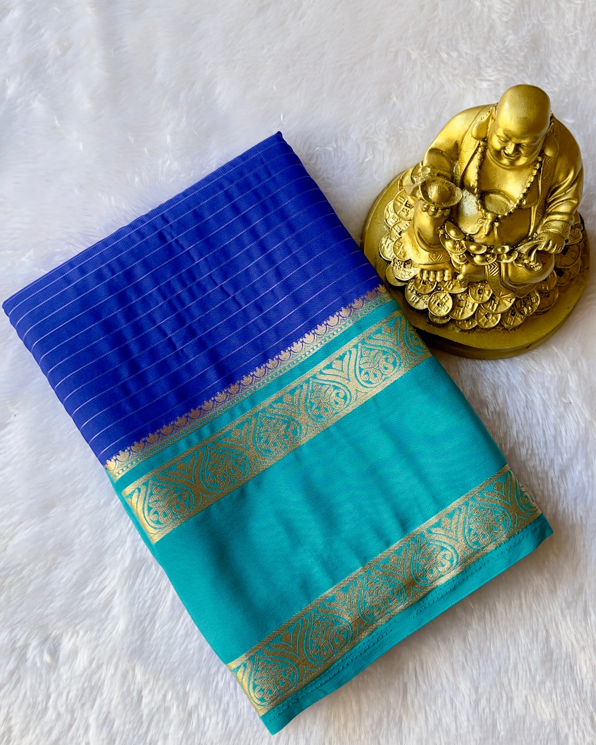Semi Mysore Silk Striped Body with Traditional Paisley mango Border