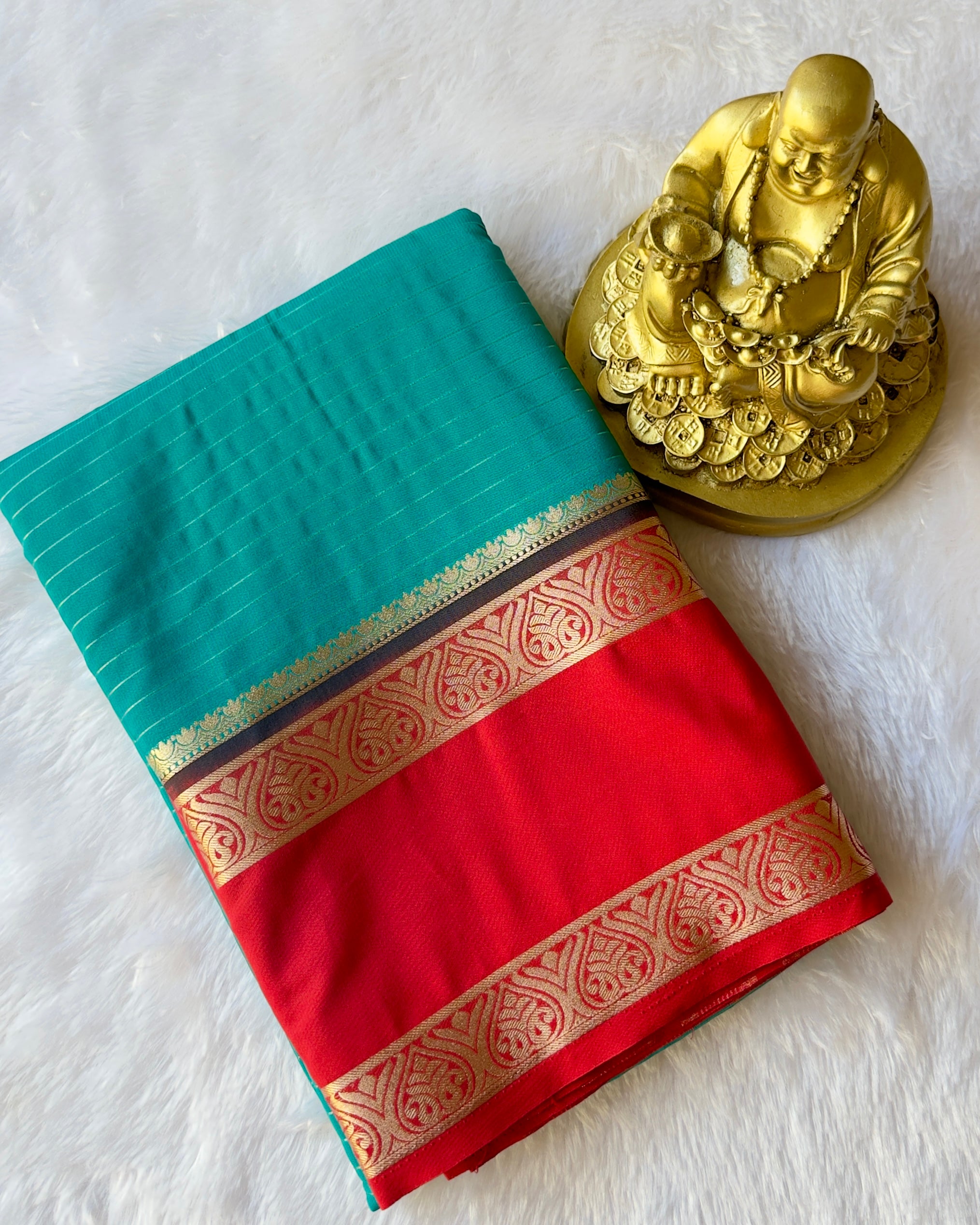 Semi Mysore Silk Striped Body with Traditional Paisley mango Border