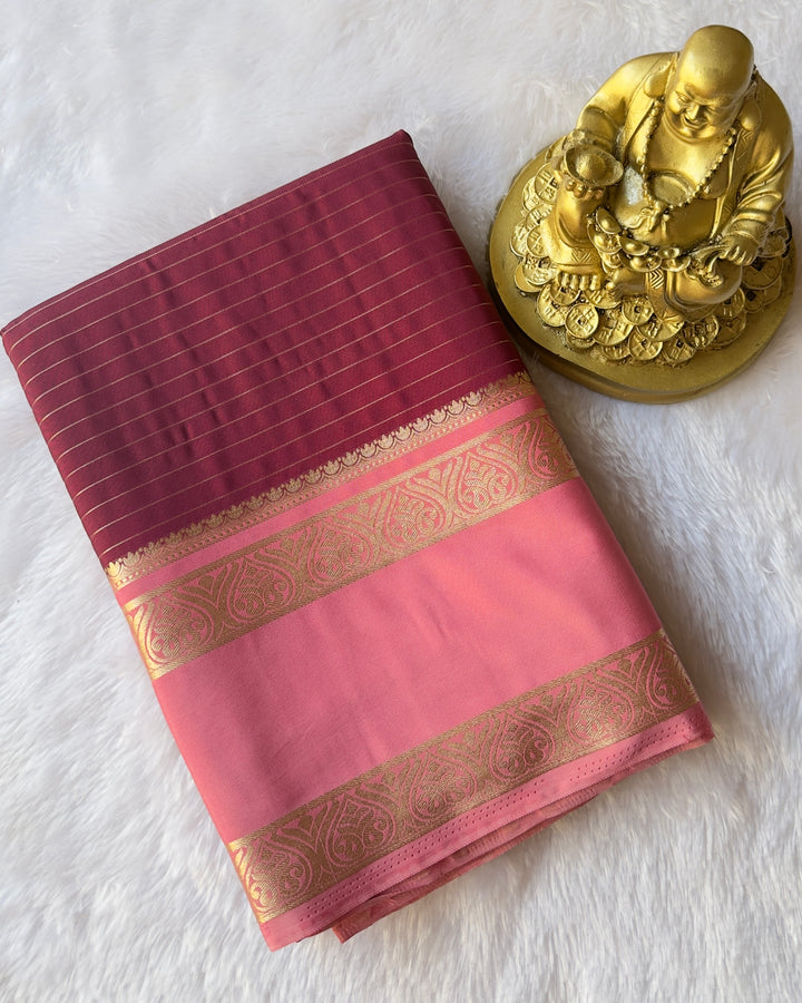 Semi Mysore Silk Striped Body with Traditional Paisley mango Border