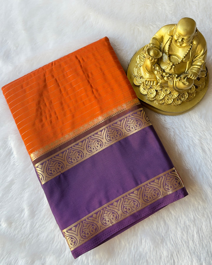 Semi Mysore Silk Striped Body with Traditional Paisley mango Border