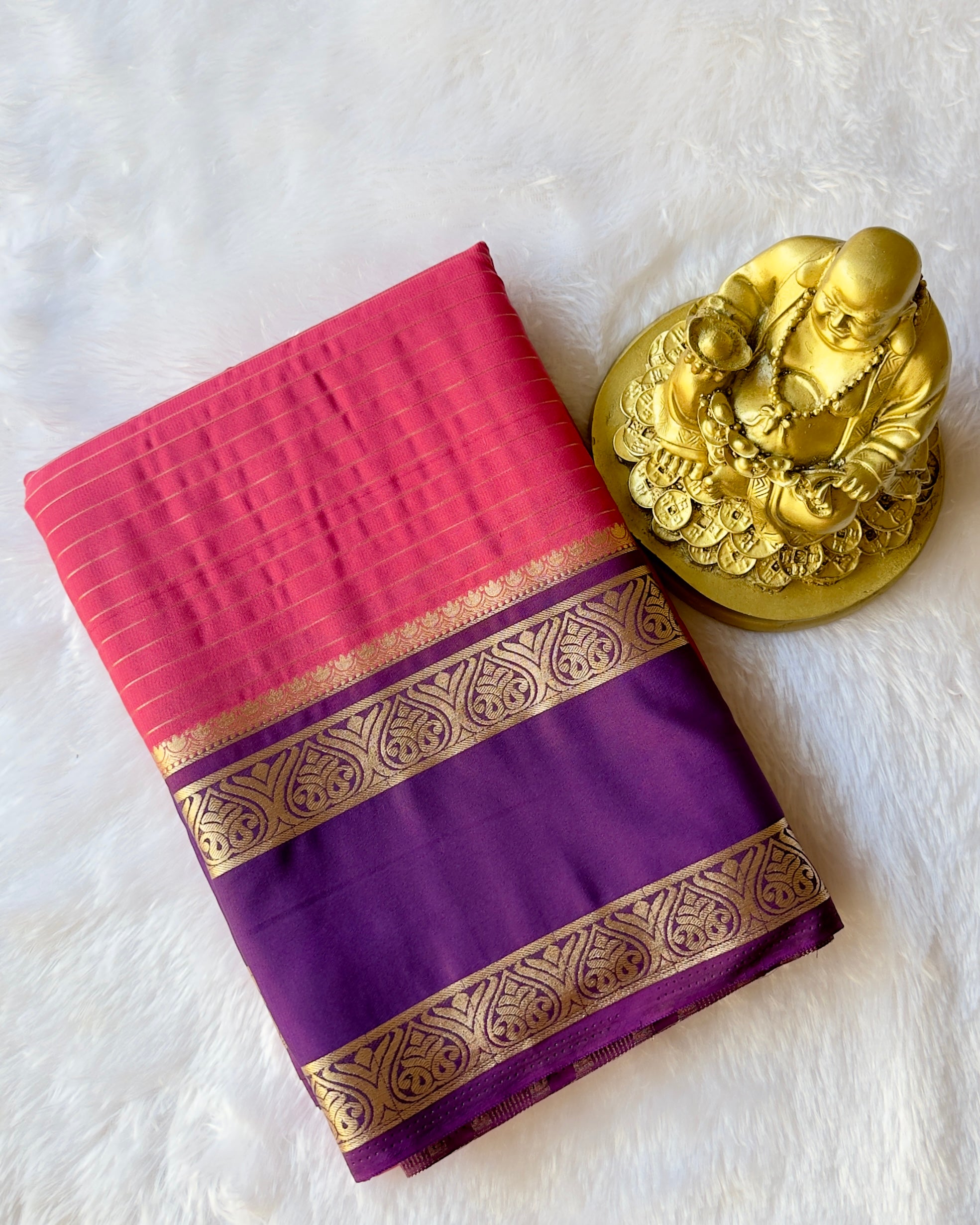 Semi Mysore Silk Striped Body with Traditional Paisley mango Border