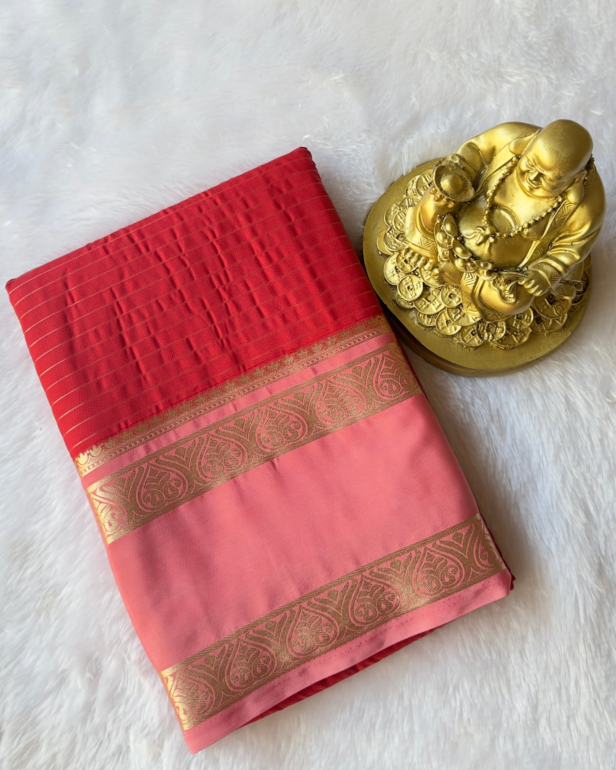 Semi Mysore Silk Striped Body with Traditional Paisley mango Border