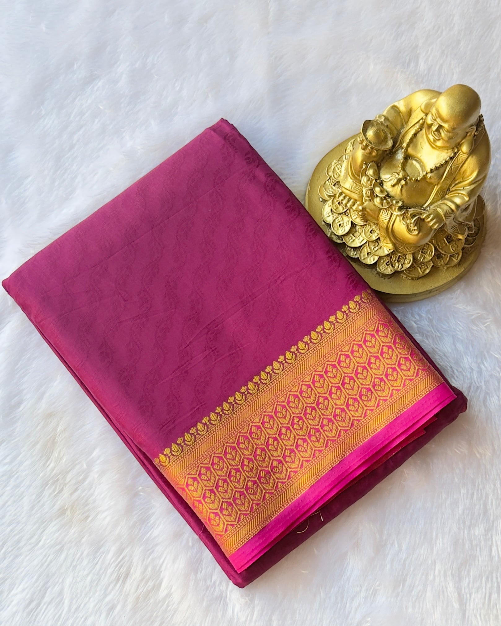 Semi Mysore Silk Embosed Saree with Hexa Floral Border
