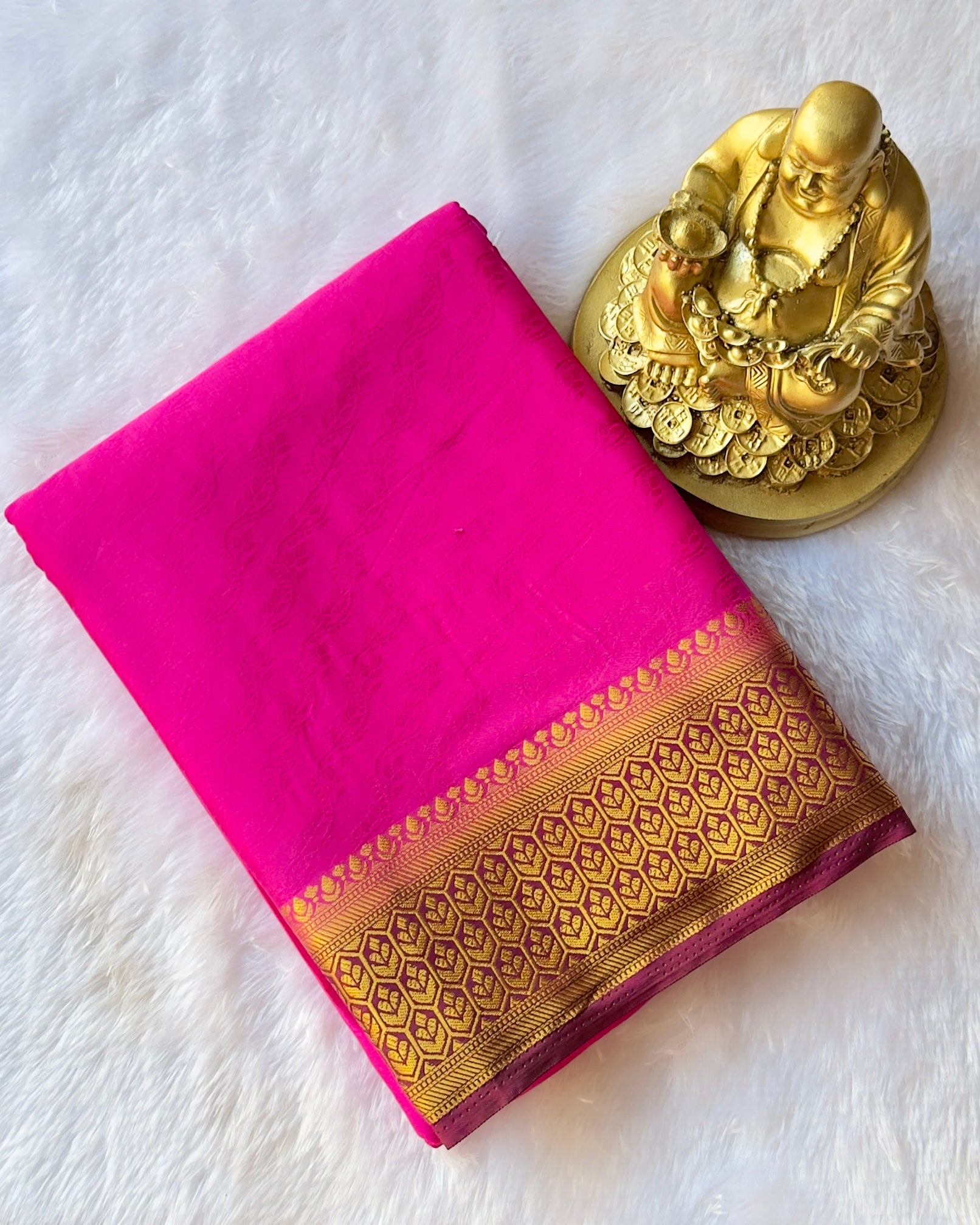 Semi Mysore Silk Embosed Saree with Hexa Floral Border