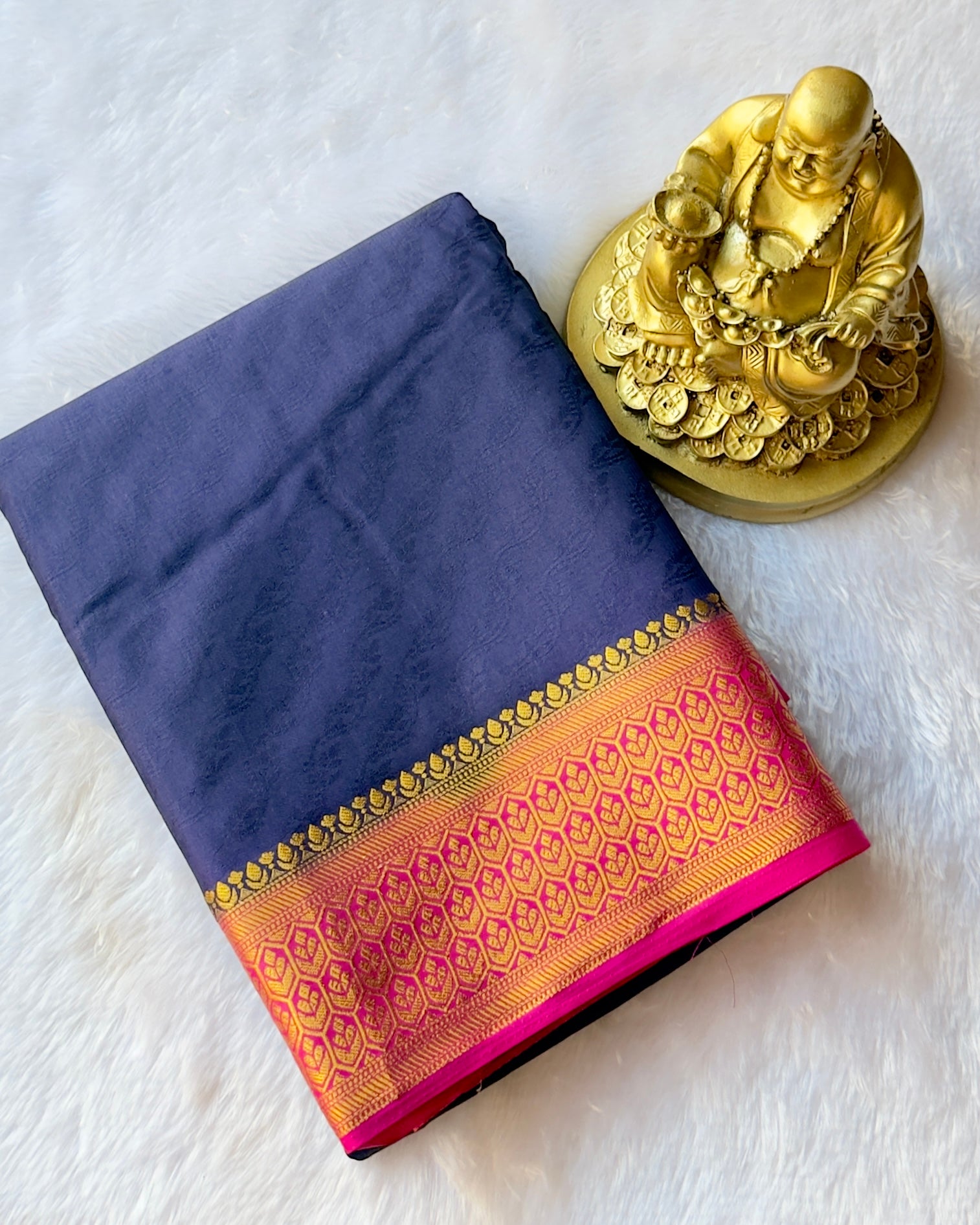 Semi Mysore Silk Embosed Saree with Hexa Floral Border