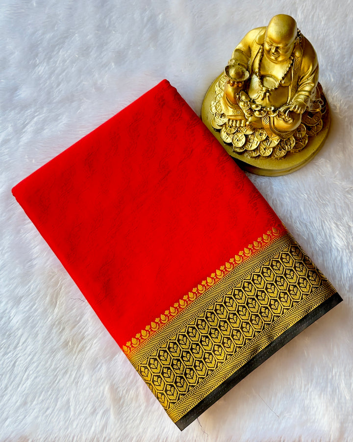 Semi Mysore Silk Embosed Saree with Hexa Floral Border