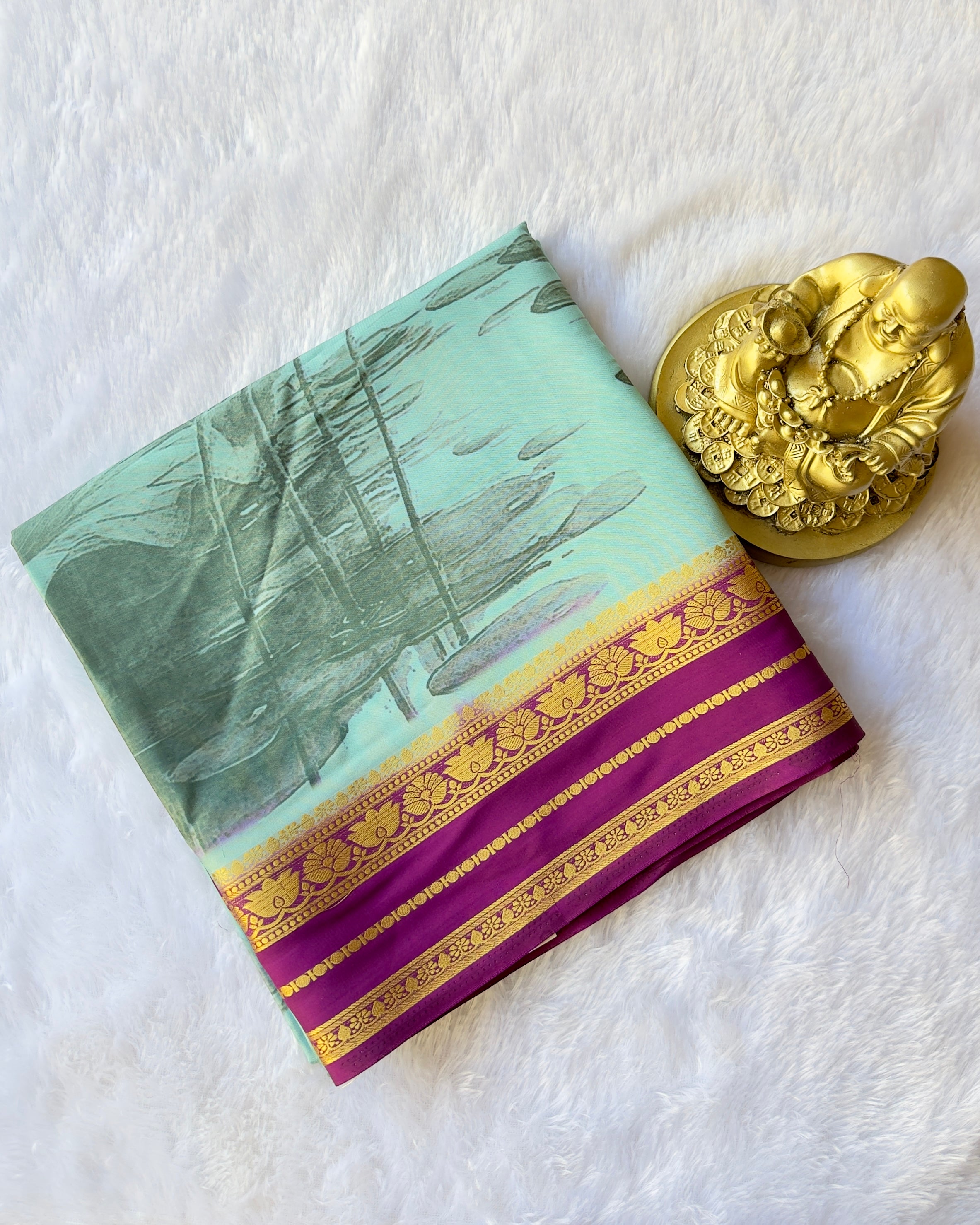 Semi Mysore Silk Lotus Border with Floral Print