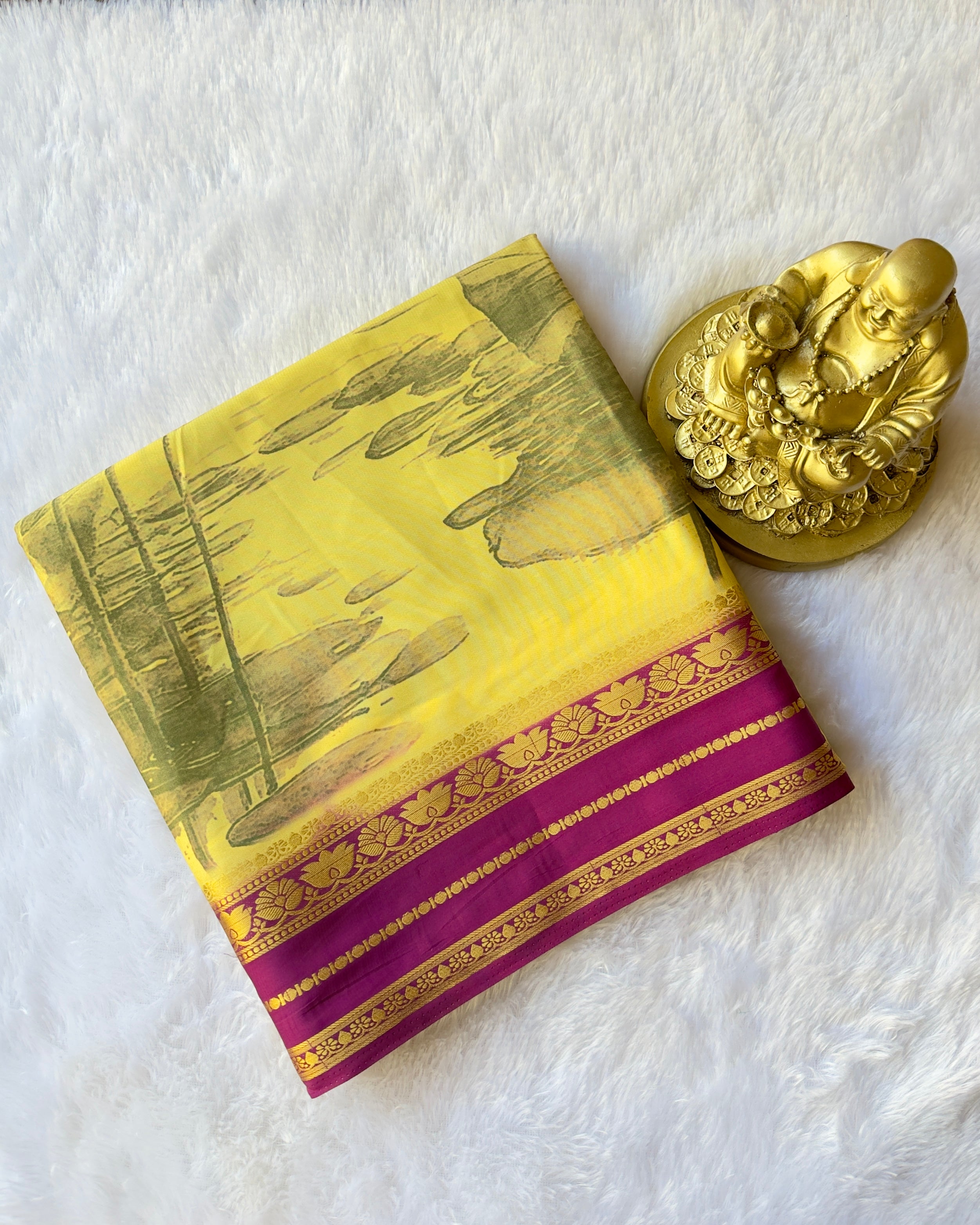 Semi Mysore Silk Lotus Border with Floral Print