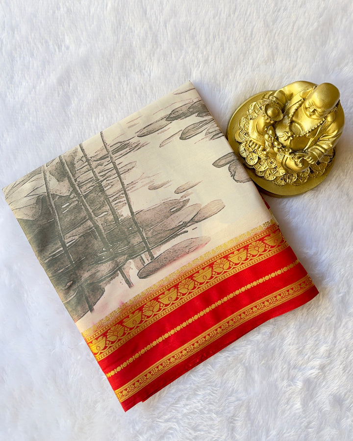 Semi Mysore Silk Lotus Border with Floral Print