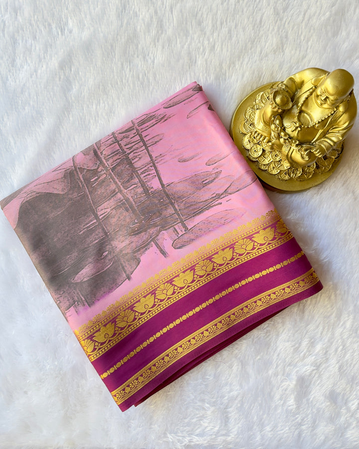 Semi Mysore Silk Lotus Border with Floral Print