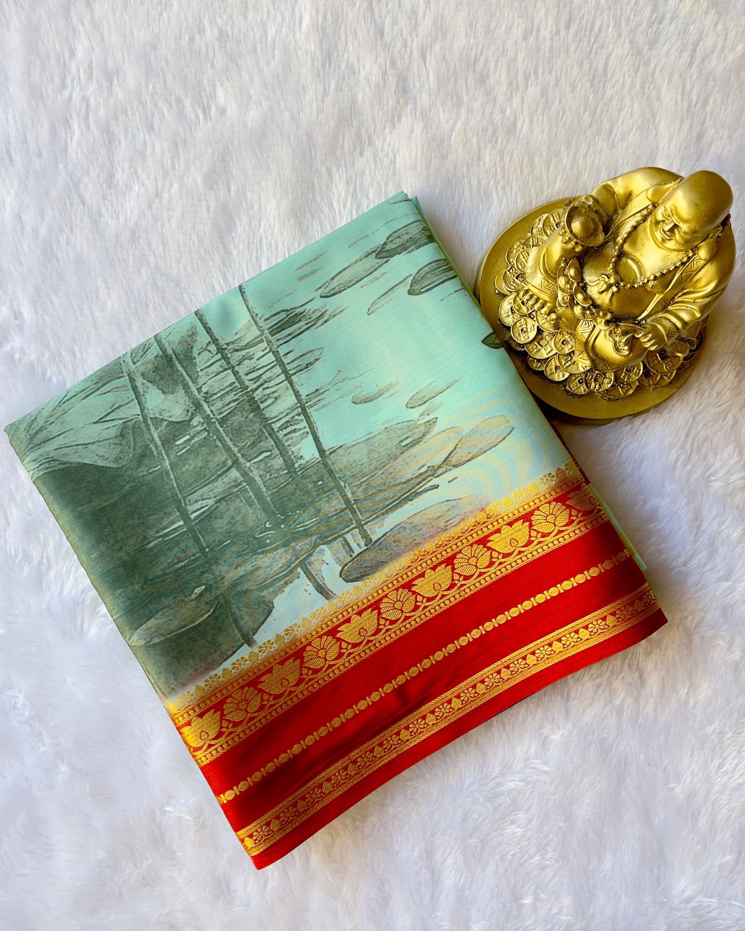 Semi Mysore Silk Lotus Border with Floral Print