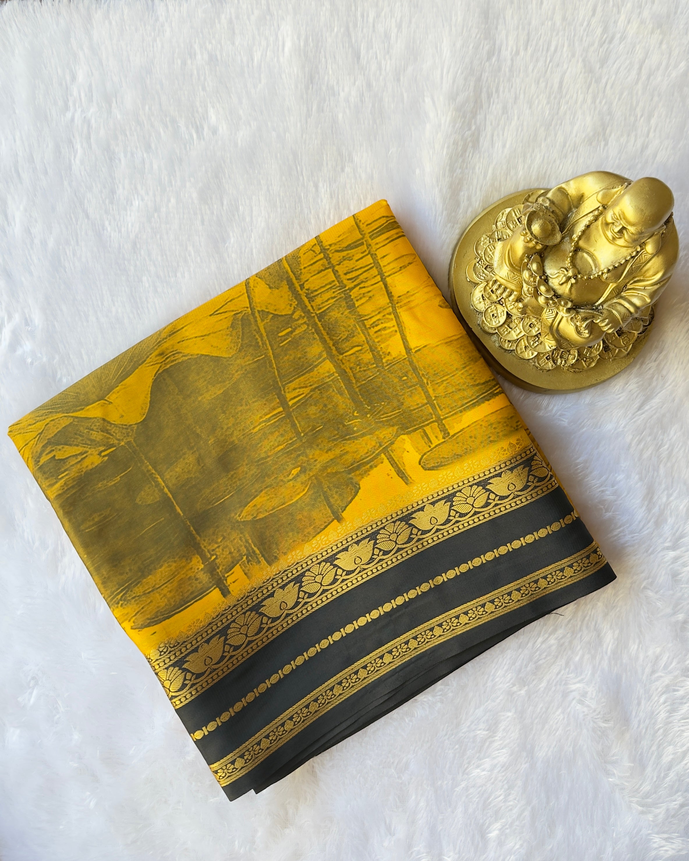Semi Mysore Silk Lotus Border with Floral Print