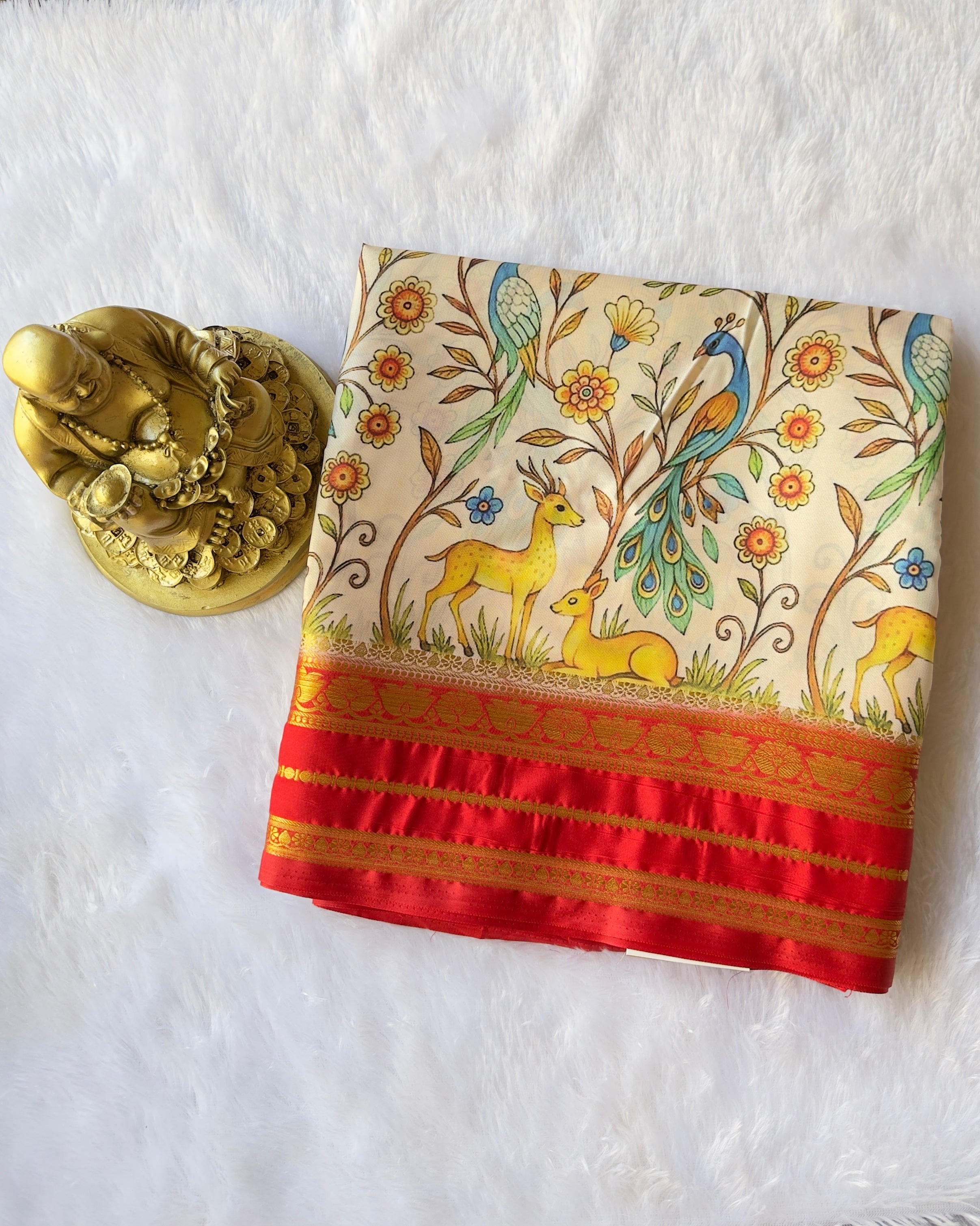 Semi Mysore Silk Lotus Border with Deer Print