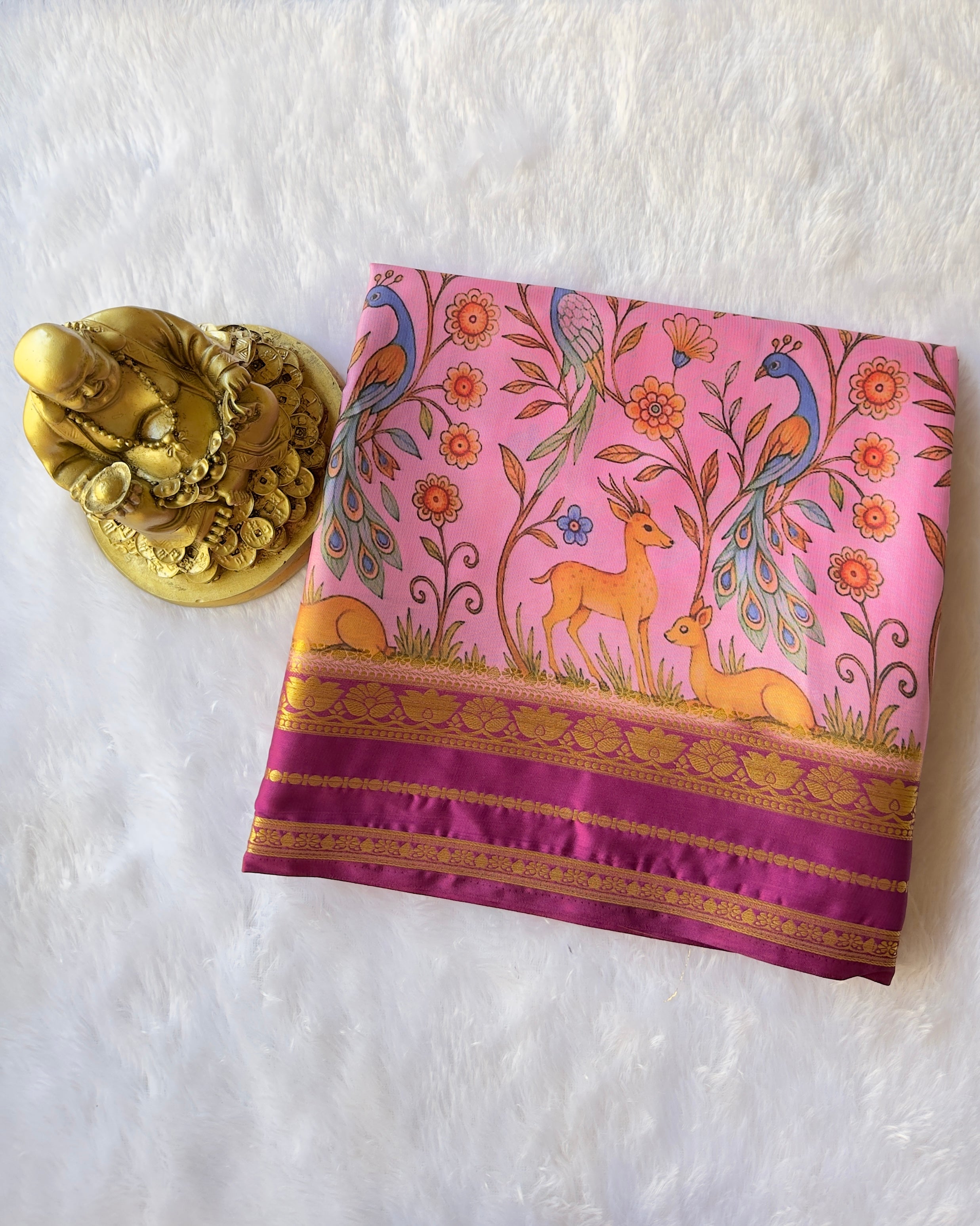 Semi Mysore Silk Lotus Border with Deer Print