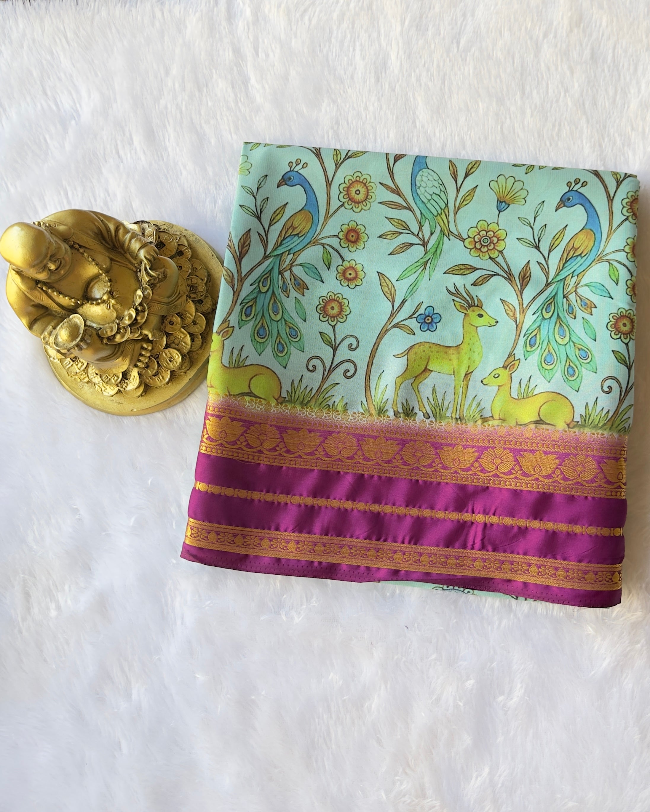 Semi Mysore Silk Lotus Border with Deer Print