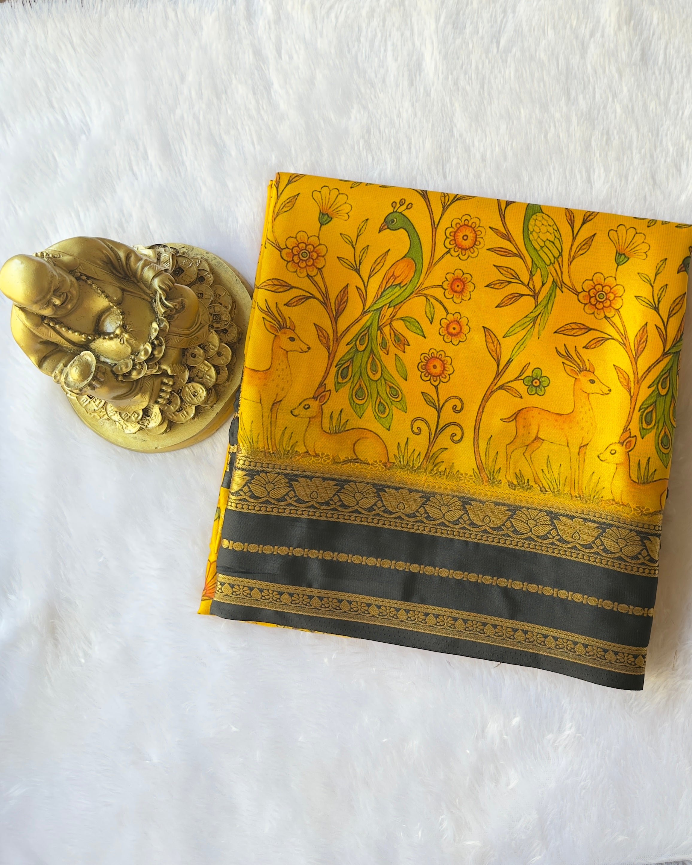 Semi Mysore Silk Lotus Border with Deer Print