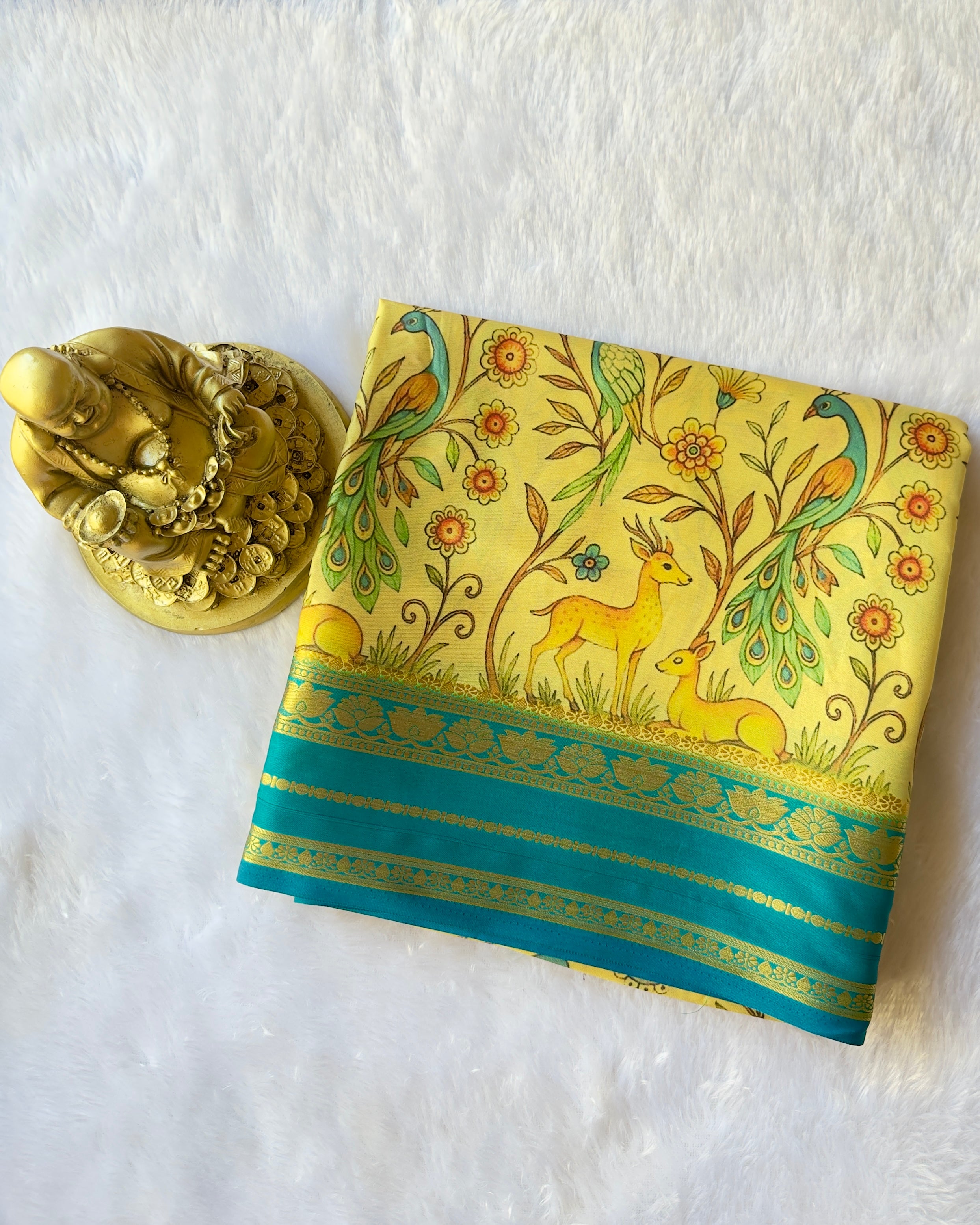 Semi Mysore Silk Lotus Border with Deer Print