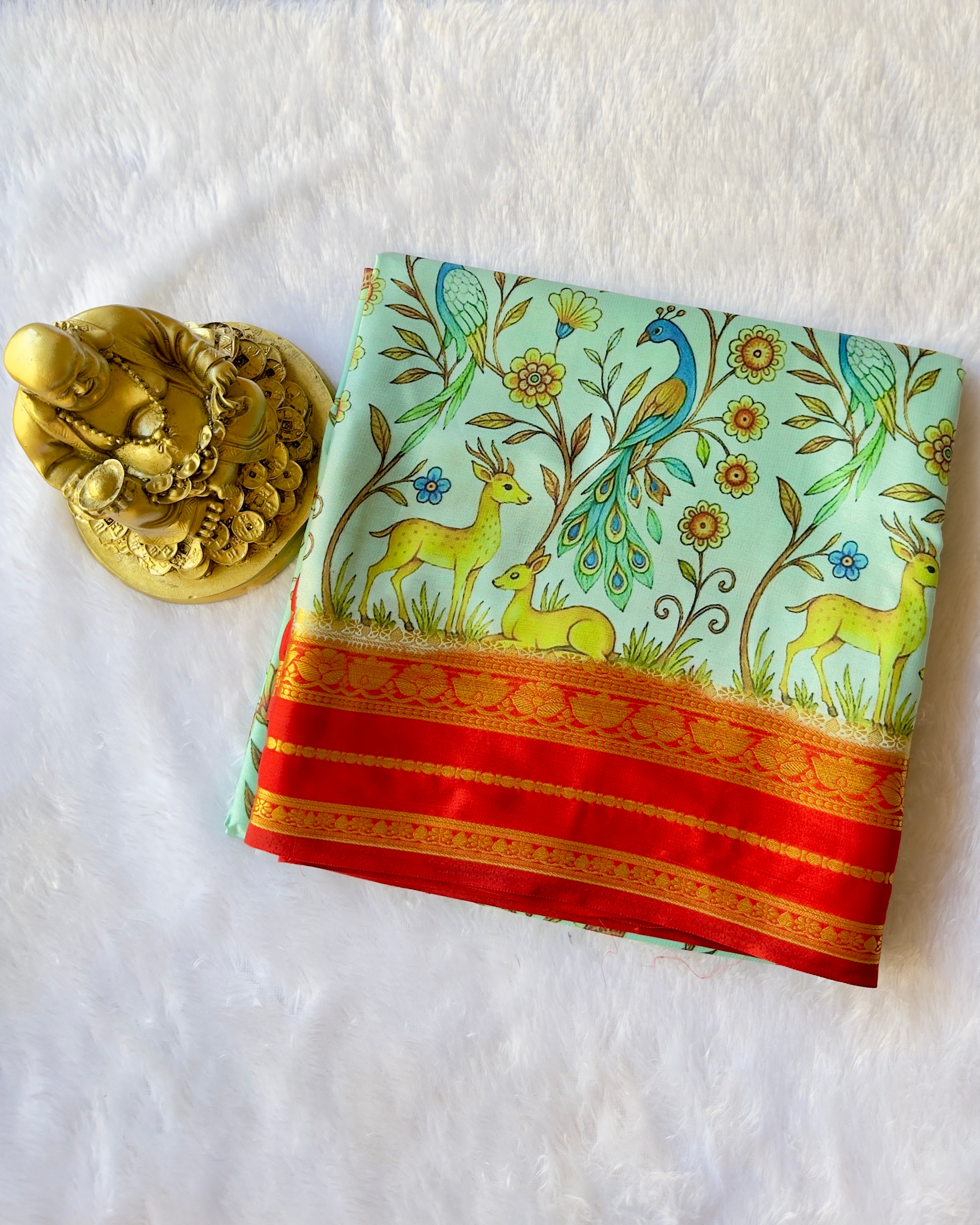 Semi Mysore Silk Lotus Border with Deer Print