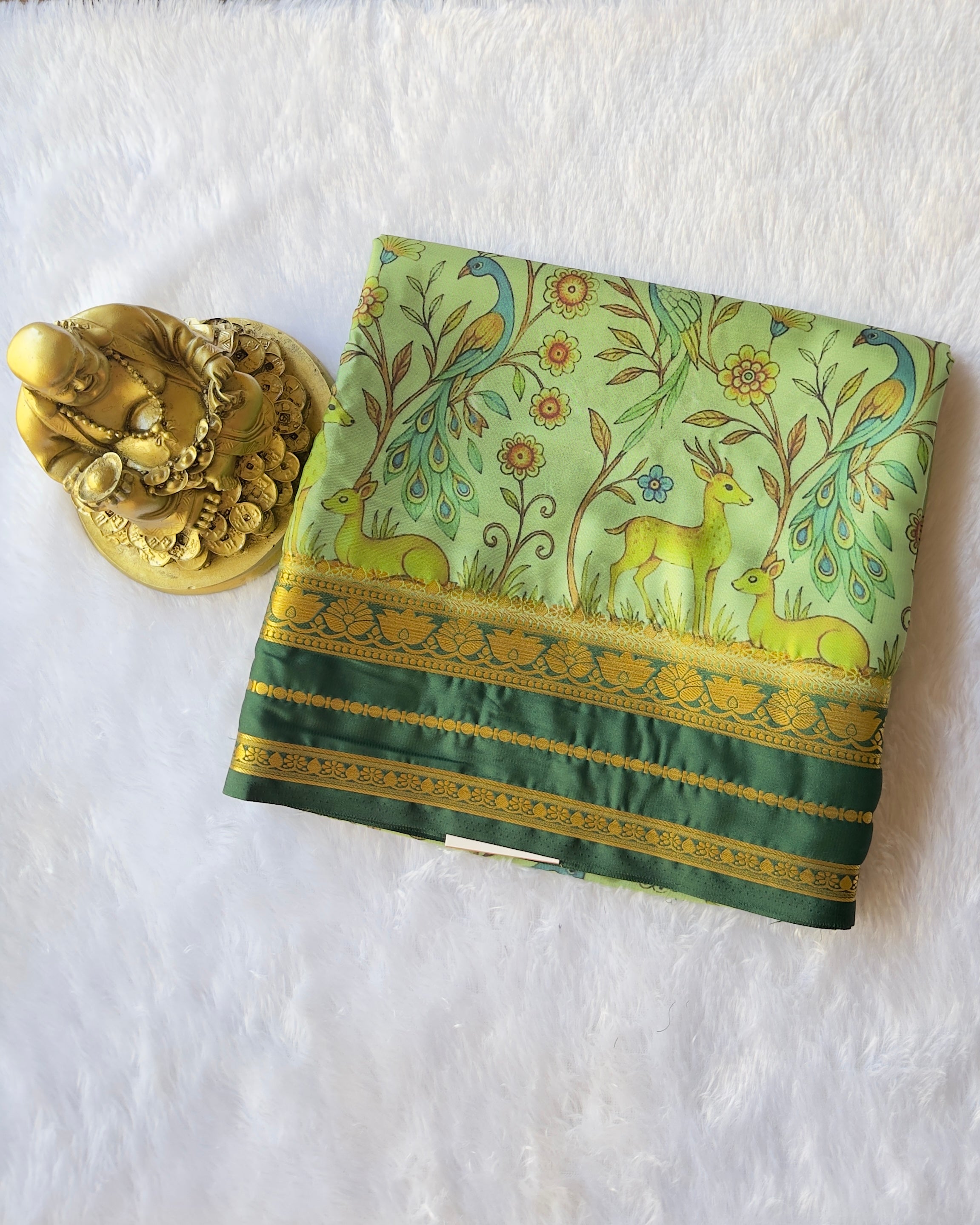 Semi Mysore Silk Lotus Border with Deer Print