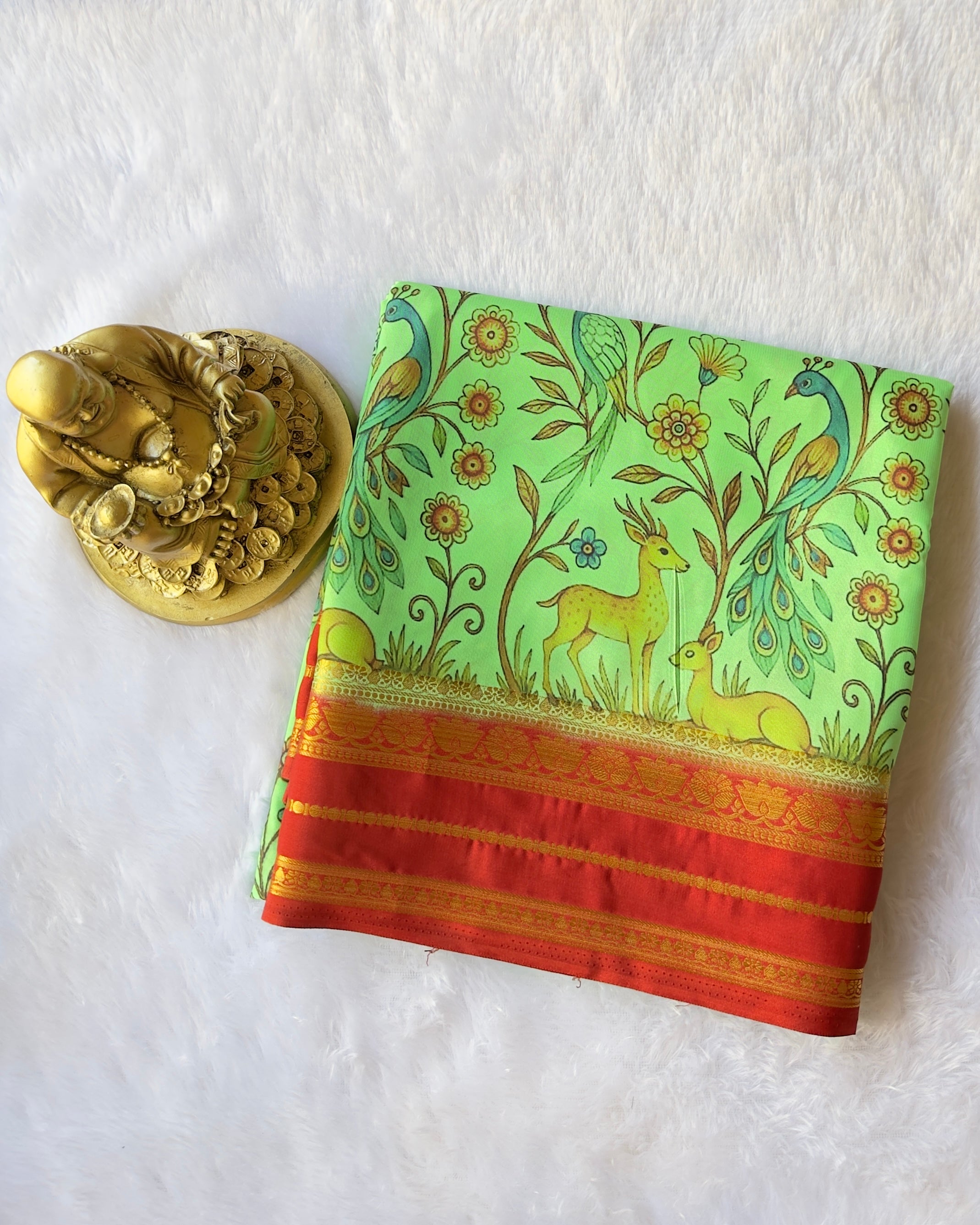 Semi Mysore Silk Lotus Border with Deer Print