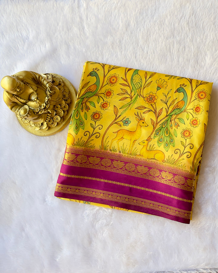 Semi Mysore Silk Lotus Border with Deer Print