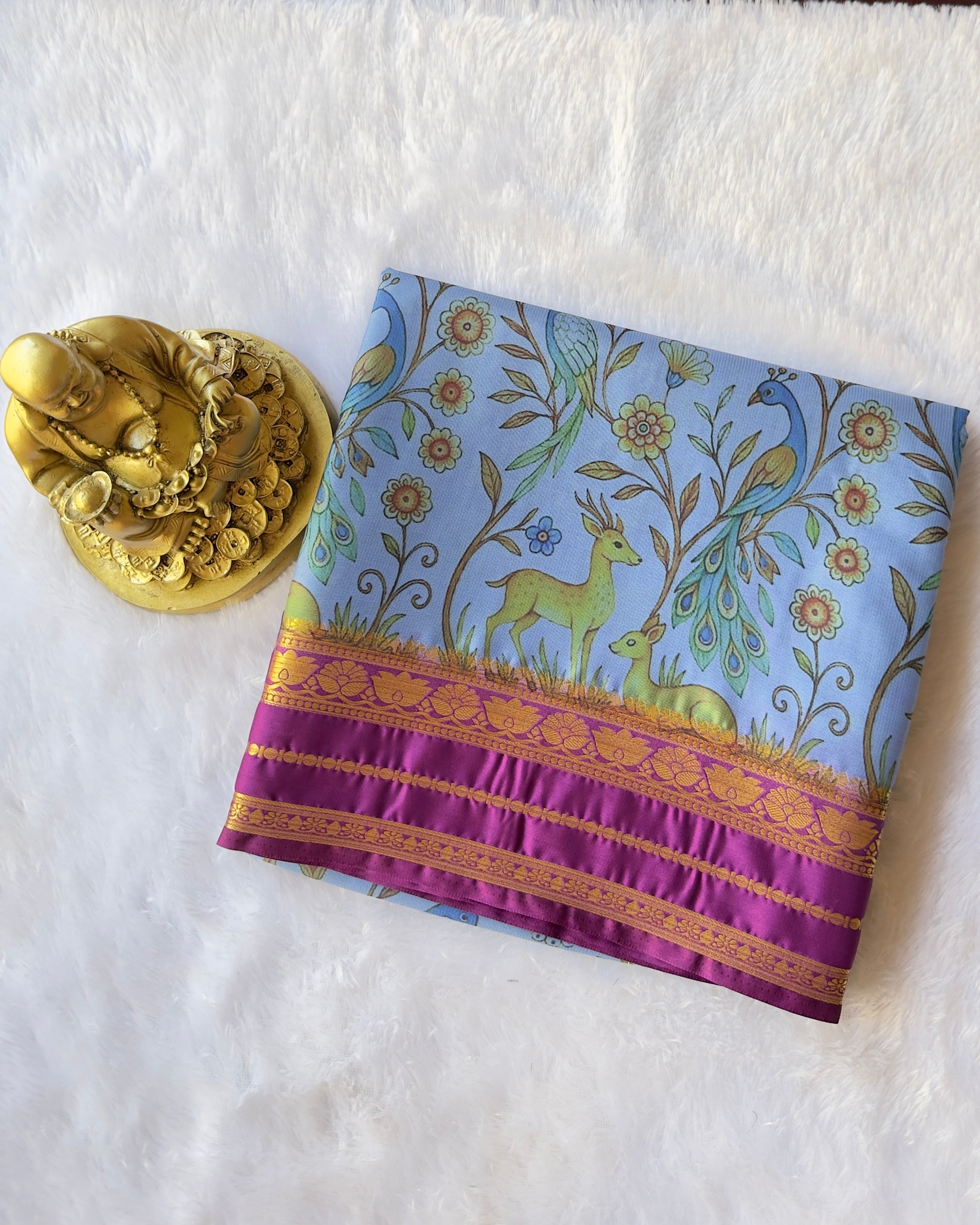 Semi Mysore Silk Lotus Border with Deer Print
