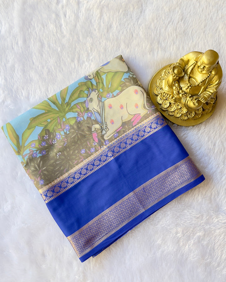 Semi Mysore Silk Bentex Border with Cow Print