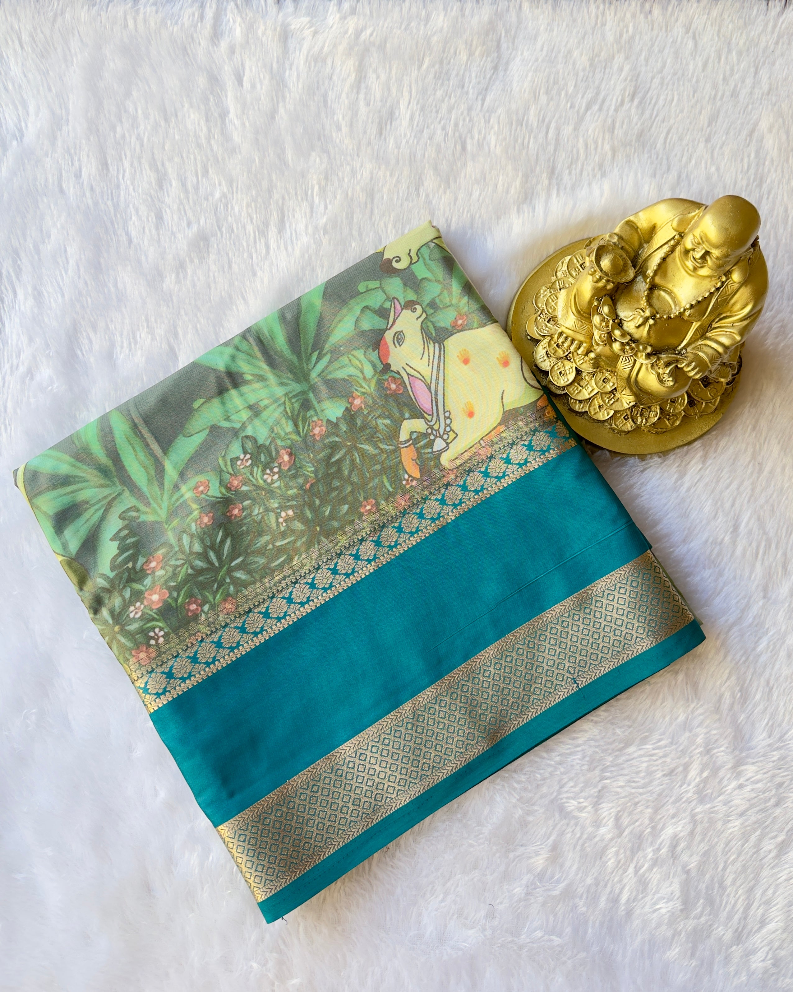 Semi Mysore Silk Bentex Border with Cow Print