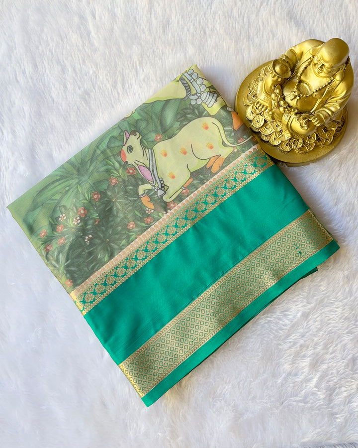 Semi Mysore Silk Bentex Border with Cow Print