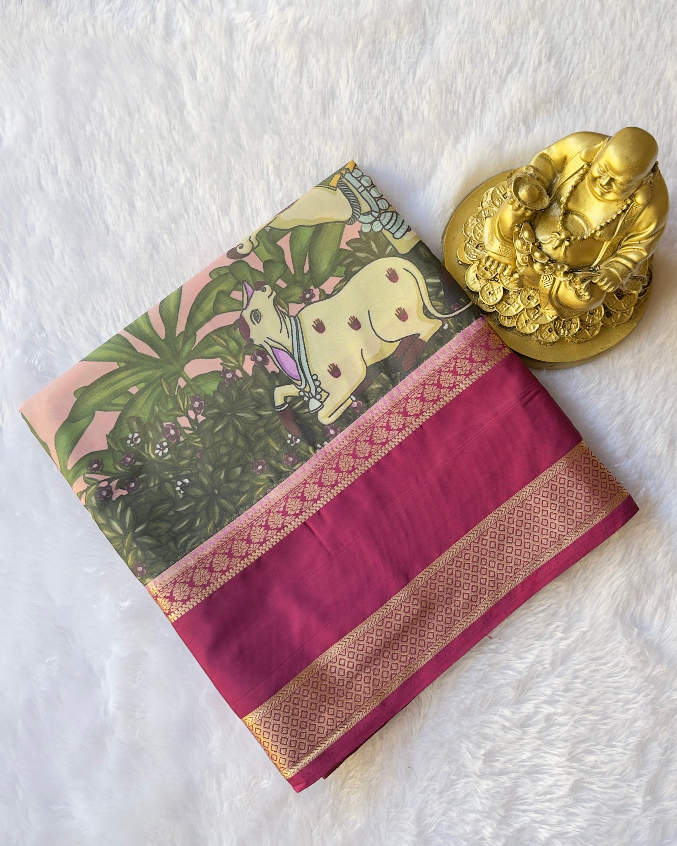 Semi Mysore Silk Bentex Border with Cow Print
