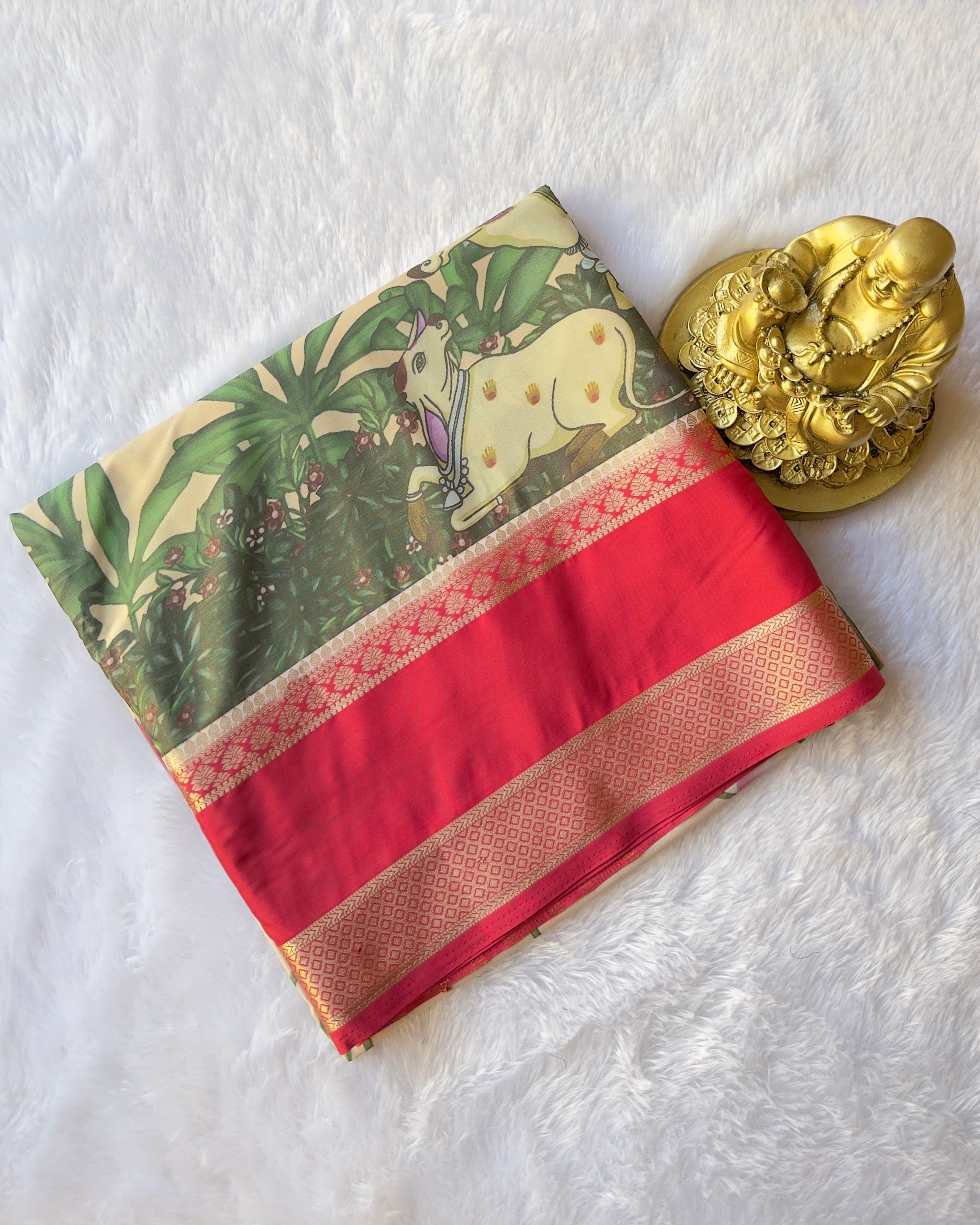 Semi Mysore Silk Bentex Border with Cow Print