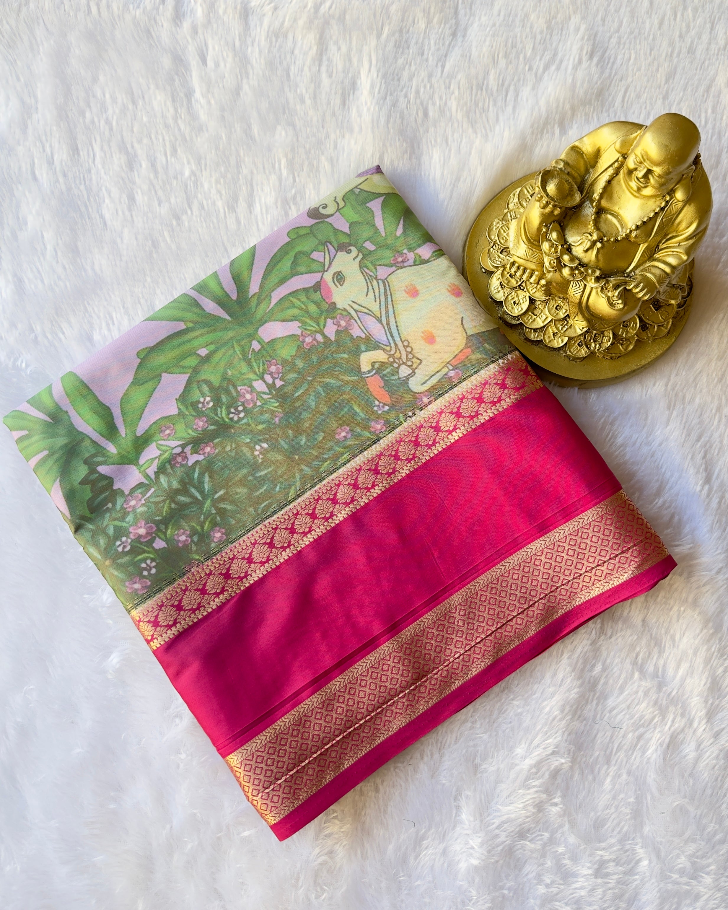 Semi Mysore Silk Bentex Border with Cow Print