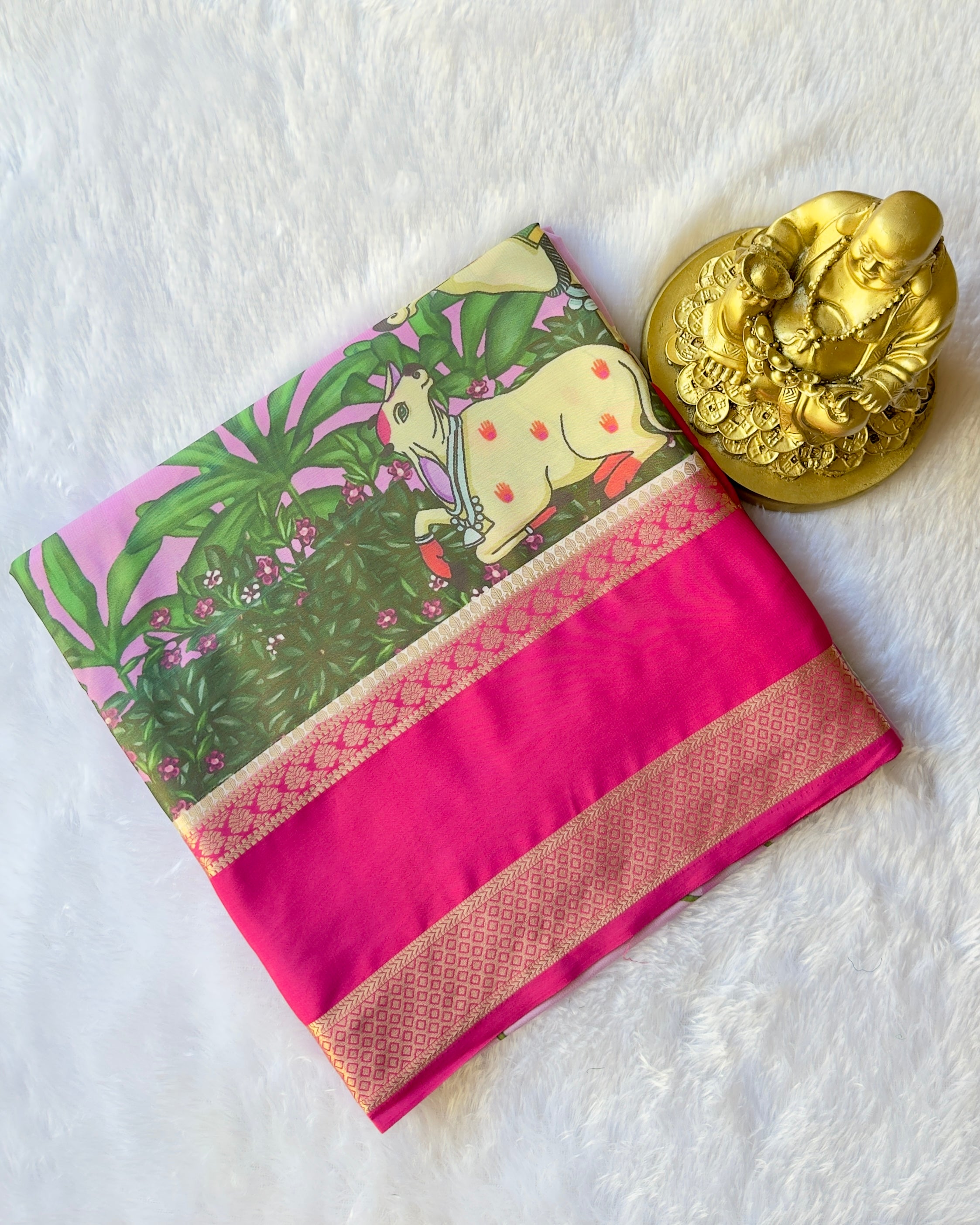 Semi Mysore Silk Bentex Border with Cow Print