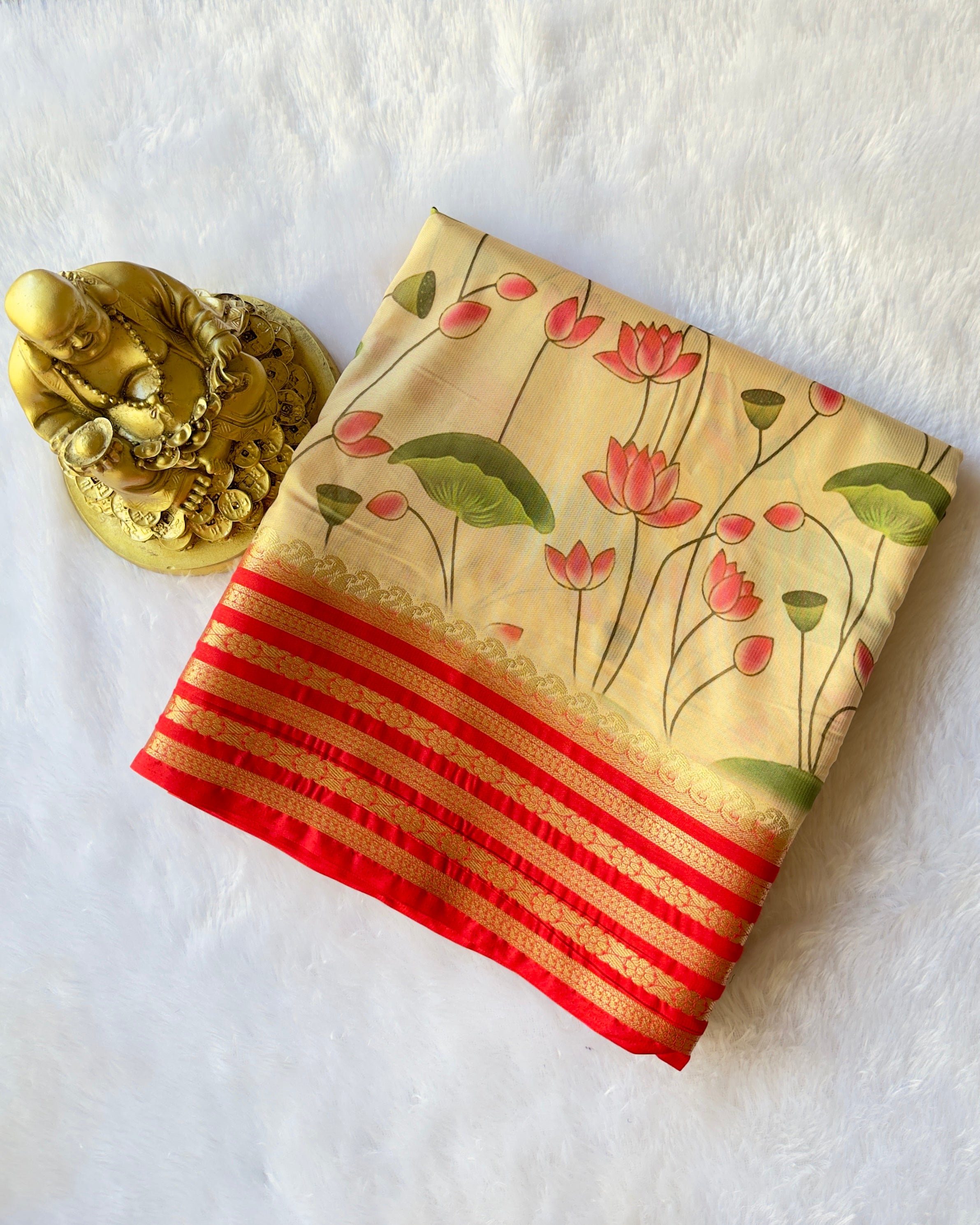 Semi Mysore Silk Mango Floral Strip Border with Lotus Print