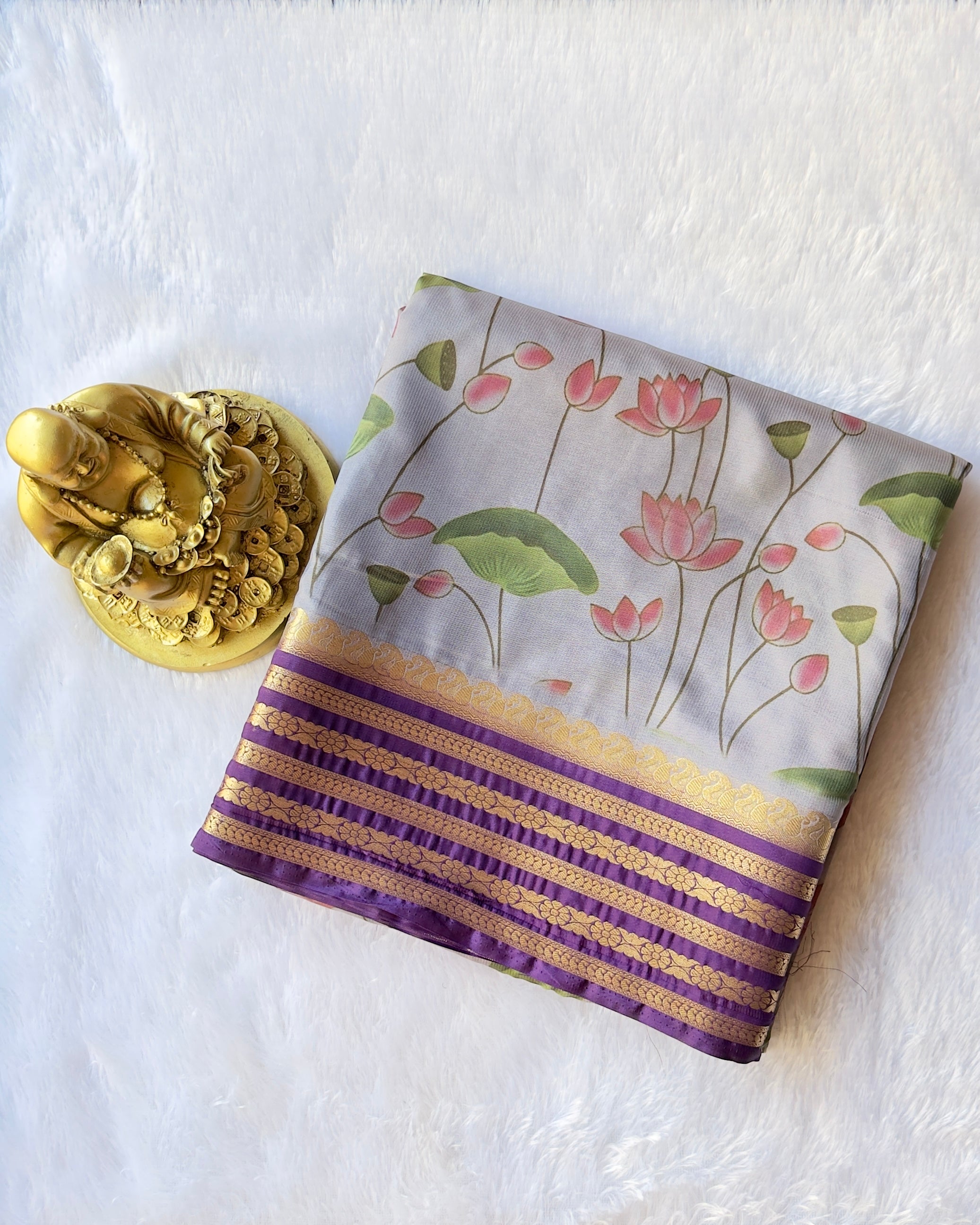 Semi Mysore Silk Mango Floral Strip Border with Lotus Print